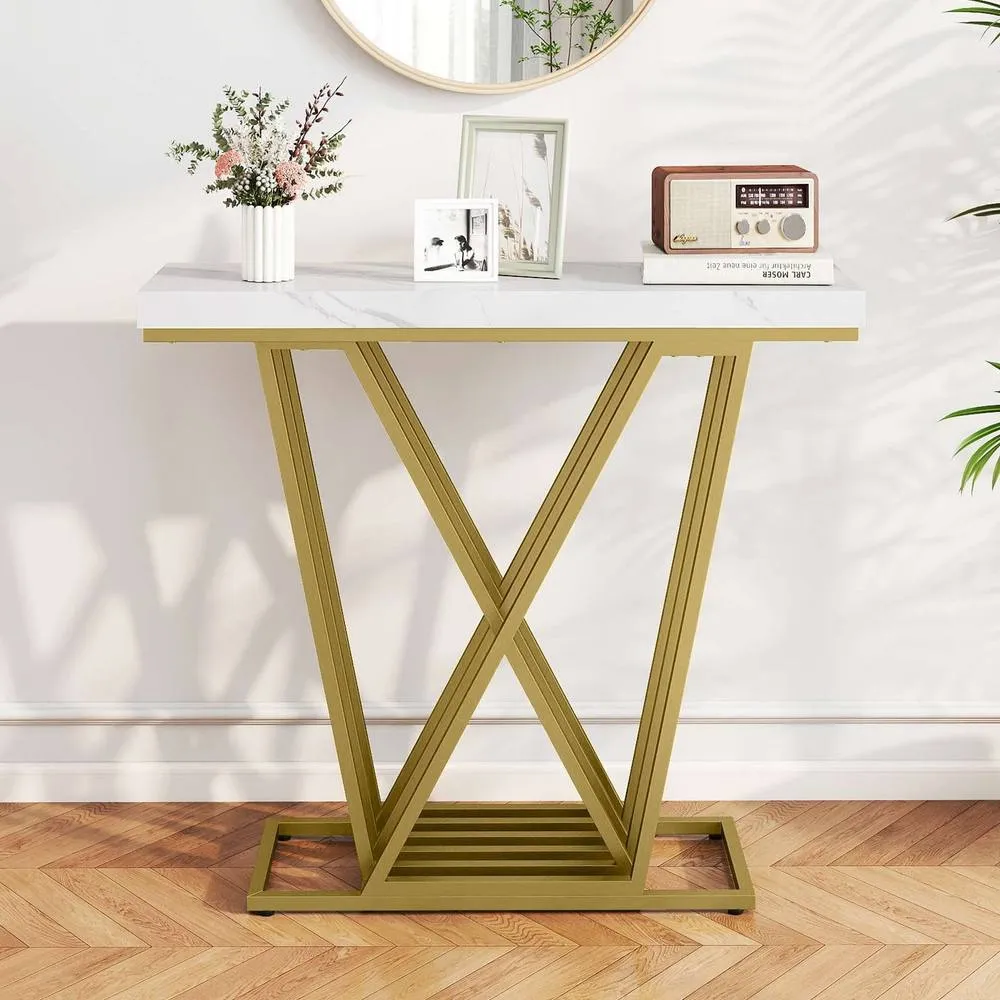 Costway Gold Console Table Modern Sofa Table Entryway Table in White