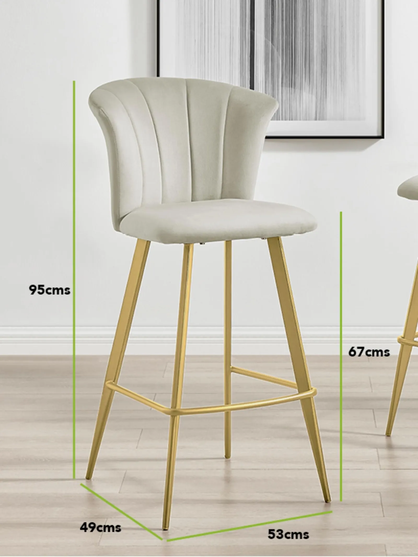 FurnitureboxUK Set of 2 Juniper Soft Touch Velvet Fluted Art Deco Counter Stools With Gold Chrome Metal Legs in Beige 6