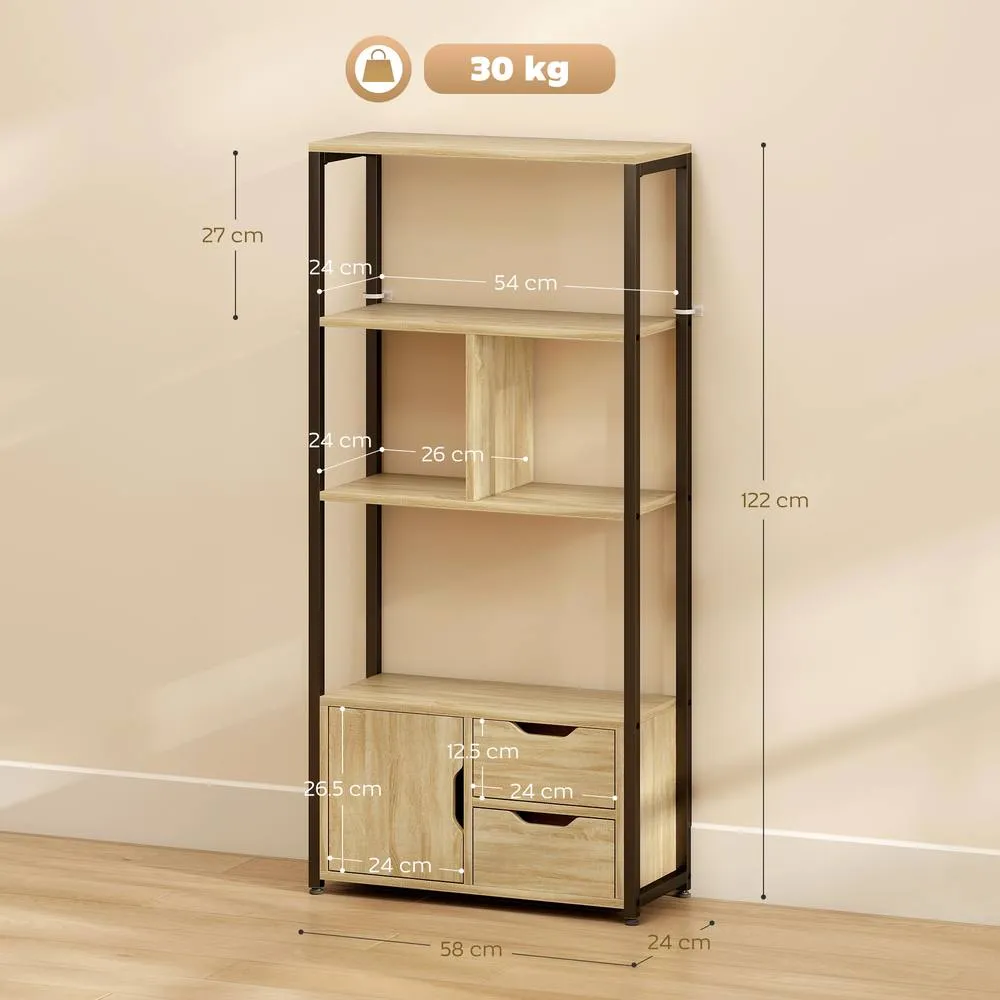 HOMCOM Industrial Bookshelf with 1 Cabinet & 2 Drawers, Natural Wood 3