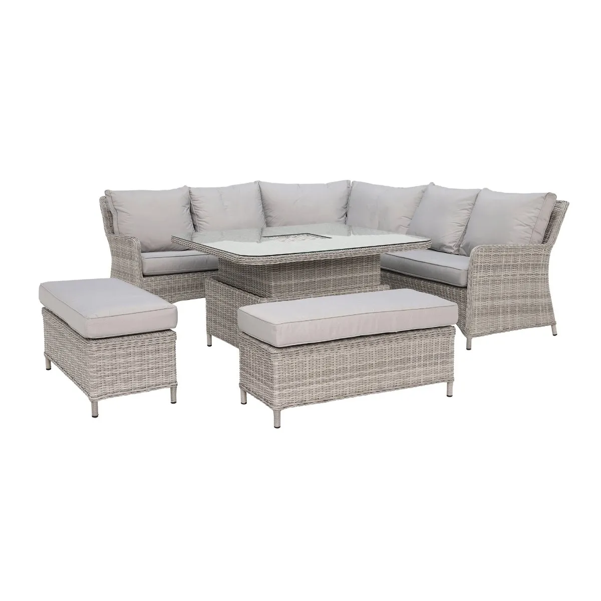 Hathaway Corner Garden Dining Set with Ice Bucket in Light Grey Weave and Grey Fabric