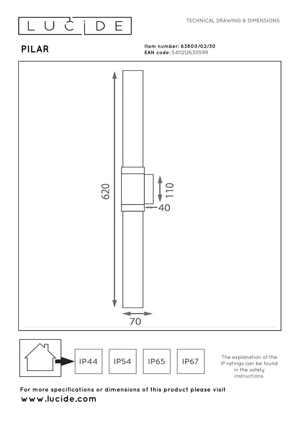 Netlighting Lucide PILAR Wall light Indoor Outdoor 2xE27 IP54 Black | Essential 3