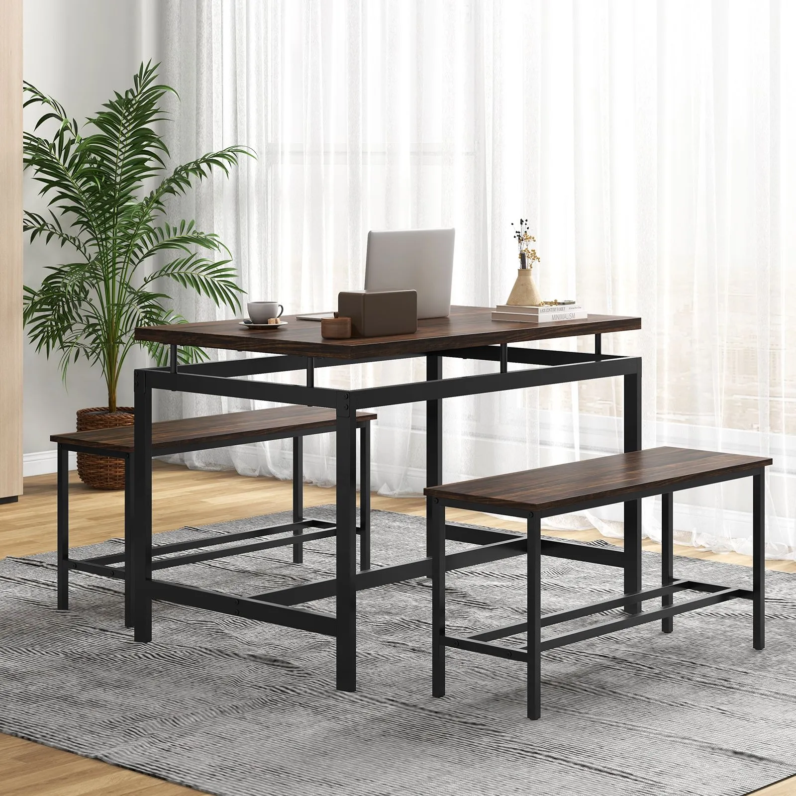 Costway 3 PCS Kitchen Dining Table Set for 4 Wooden Kitchen Table with 2 Benches in Brown 6