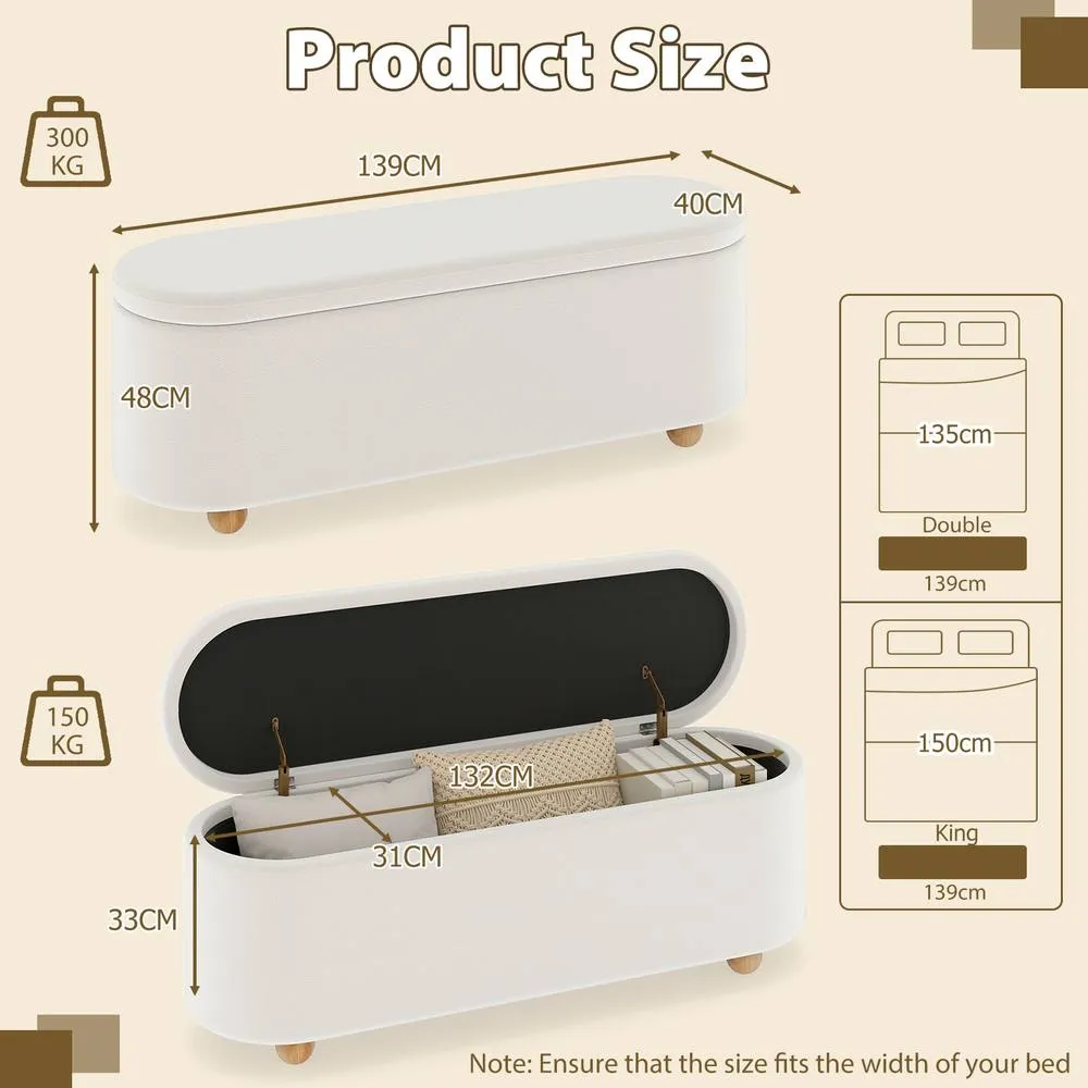 Costway Oval Storage Bench 139 CM Long Ottoman Bench with Flip Top in White 3