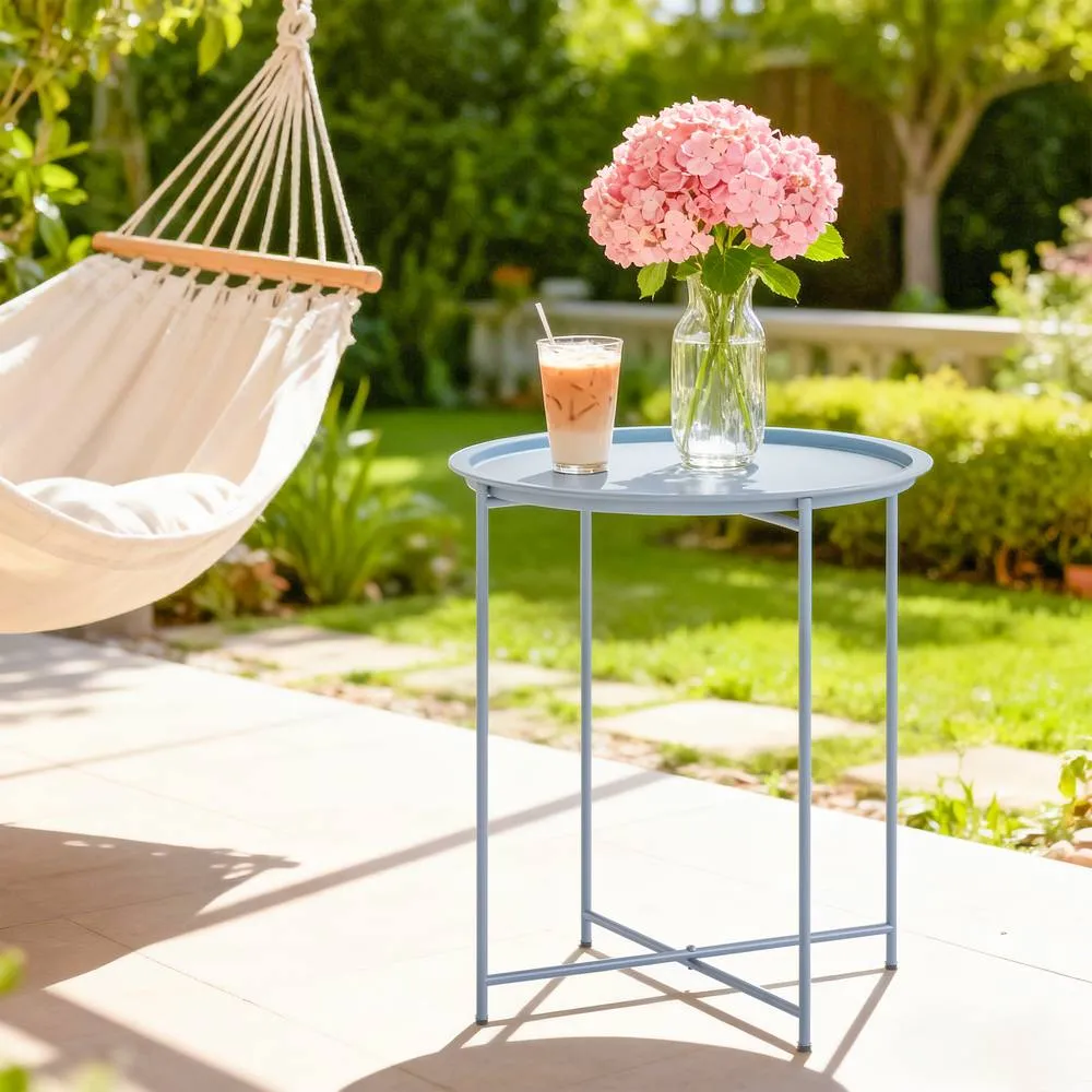 OUTSUNNY 46cm Round Garden Table Side Table with Removable Tray, Blue Grey