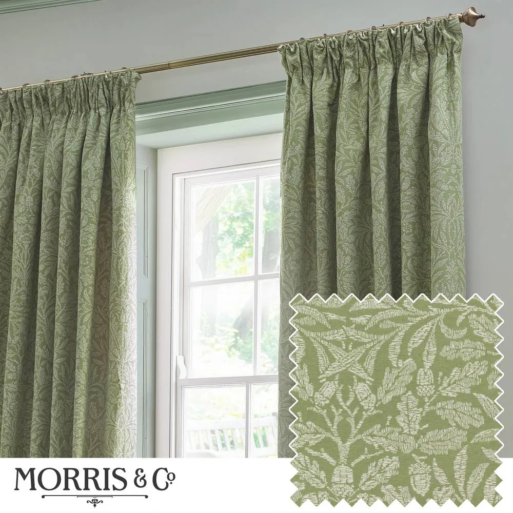 Morris & Co Acorn Tonal Fully Lined Matt Jacquard Pencil Pleat Curtains in Green 1