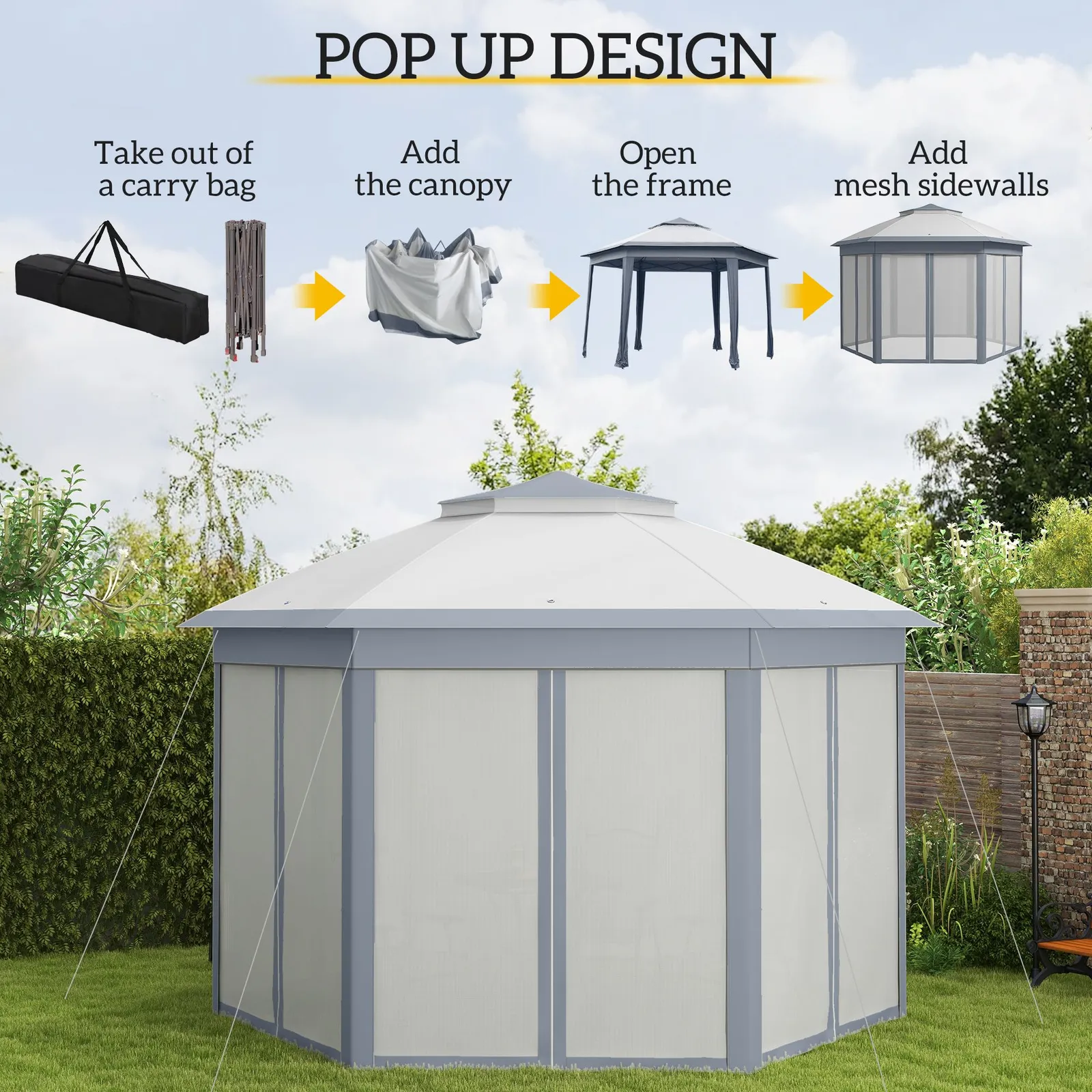 OUTSUNNY 3x4m Hexagon Gazebo w/ Metal Frame Mesh Curtains Outdoor Garden in Grey 4