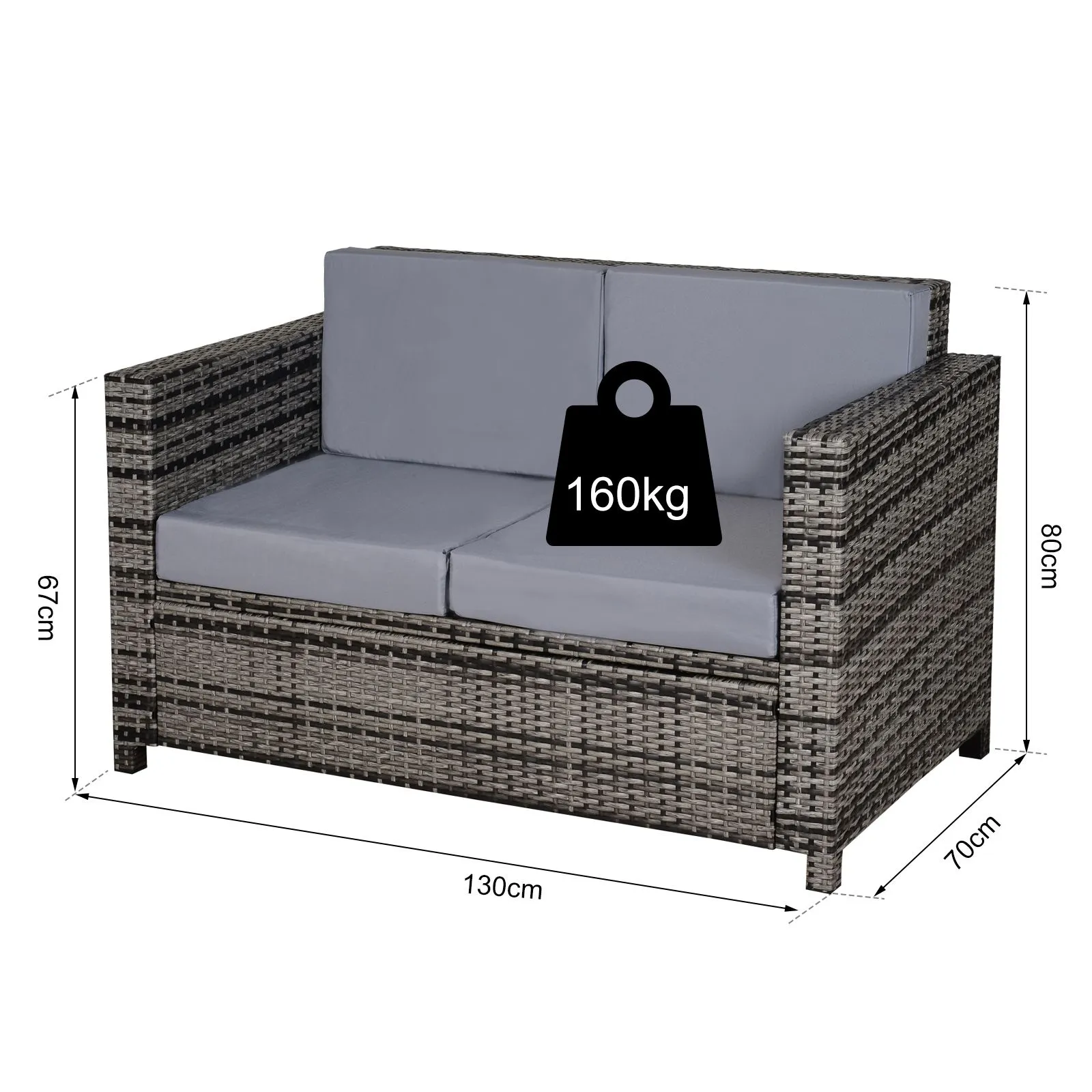 OUTSUNNY Rattan Wicker 2-seat Sofa Loveseat Padded Garden Furniture Grey 3
