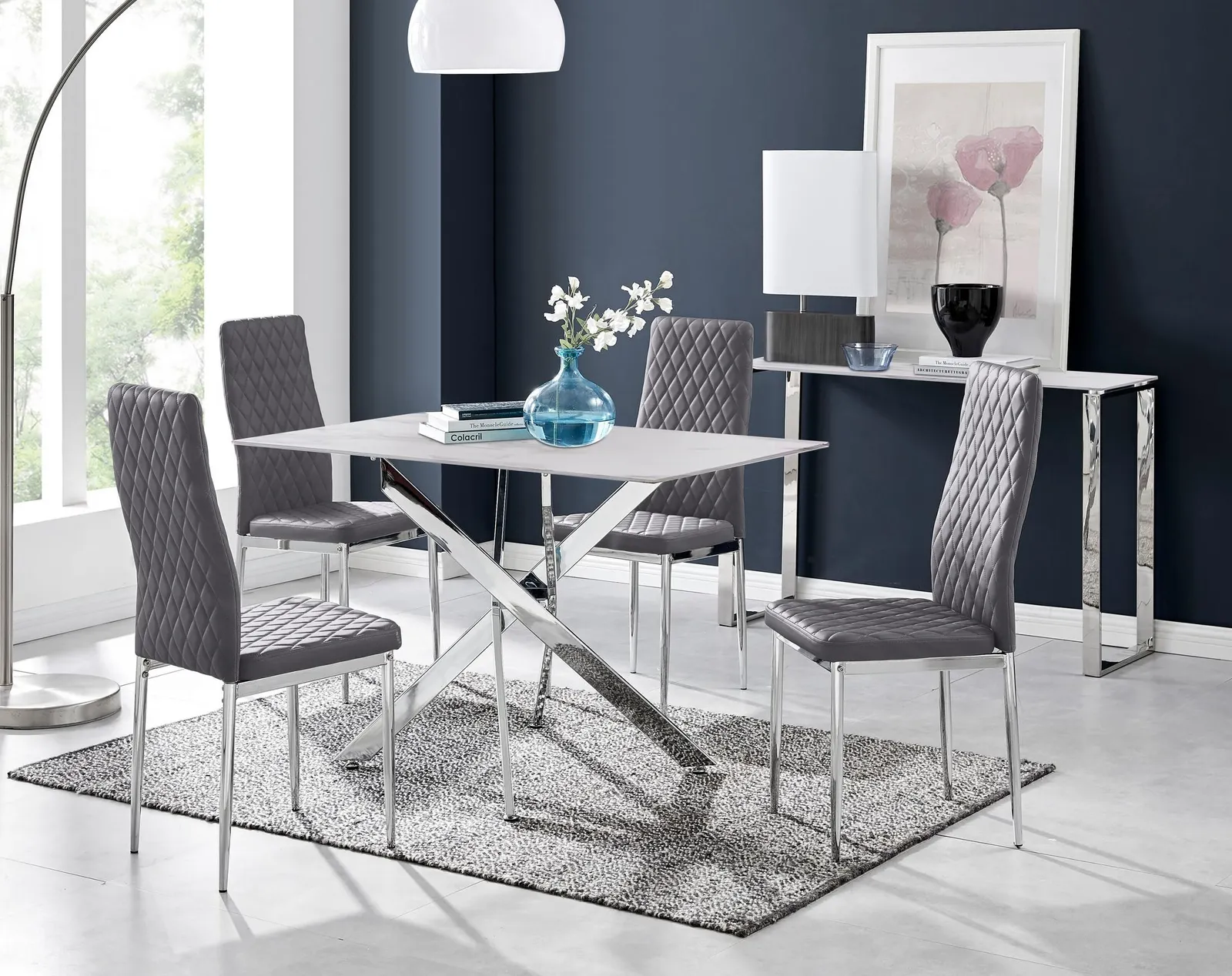 FurnitureboxUK Leonardo White Glass Marble Effect Silver Leg Table & 4 Velvet Milan Silver Leg Chairs in Grey 1