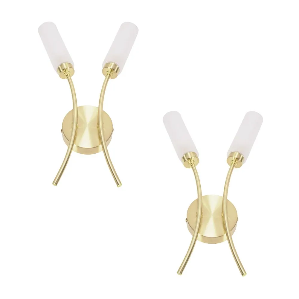 ValueLights Maya Pair of 2 Way Curved Upright Reed Shaded Wall Lights in Gold 2