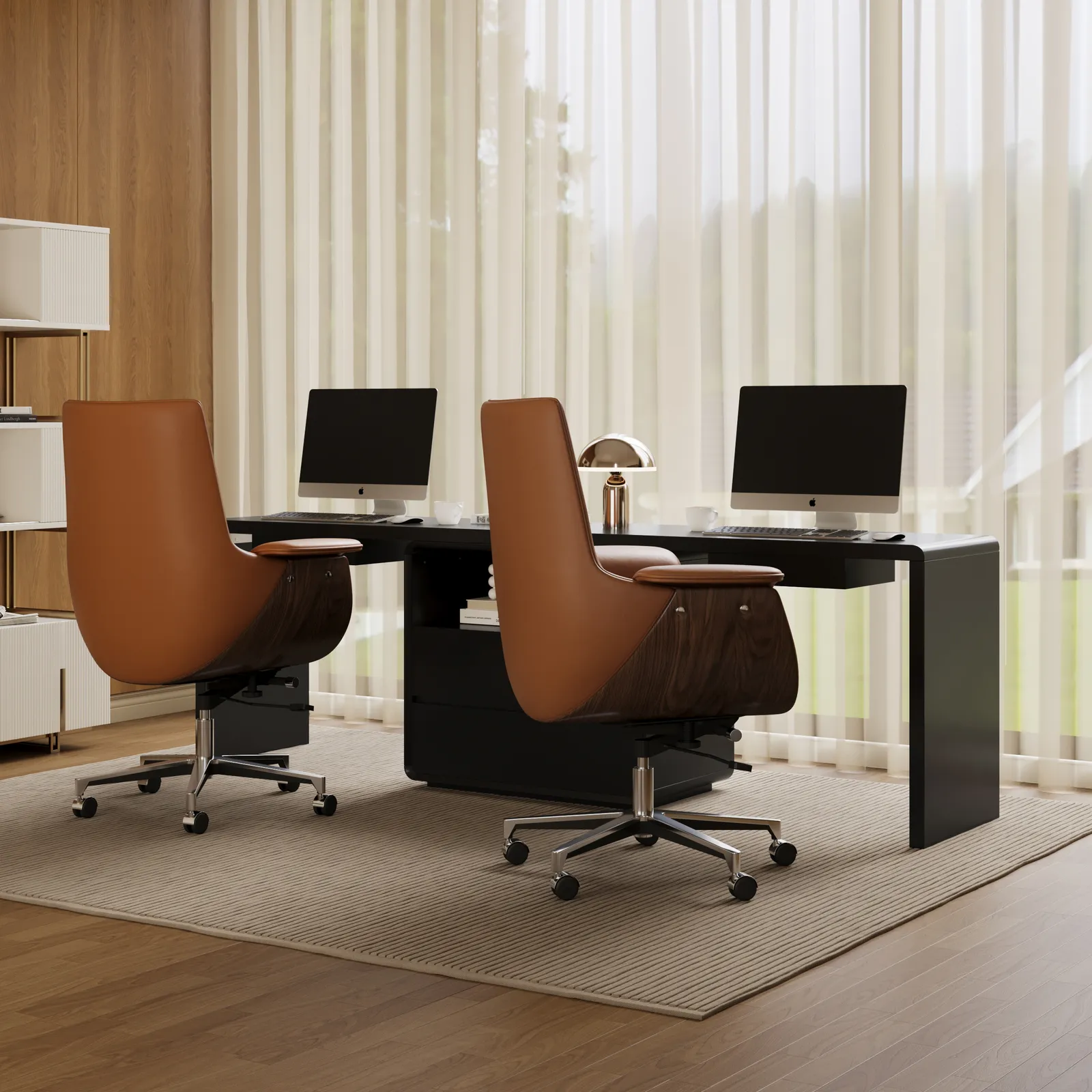 Black Double Desk with Drawers & 2 Brown PU Leather Modern Home Office Chairs