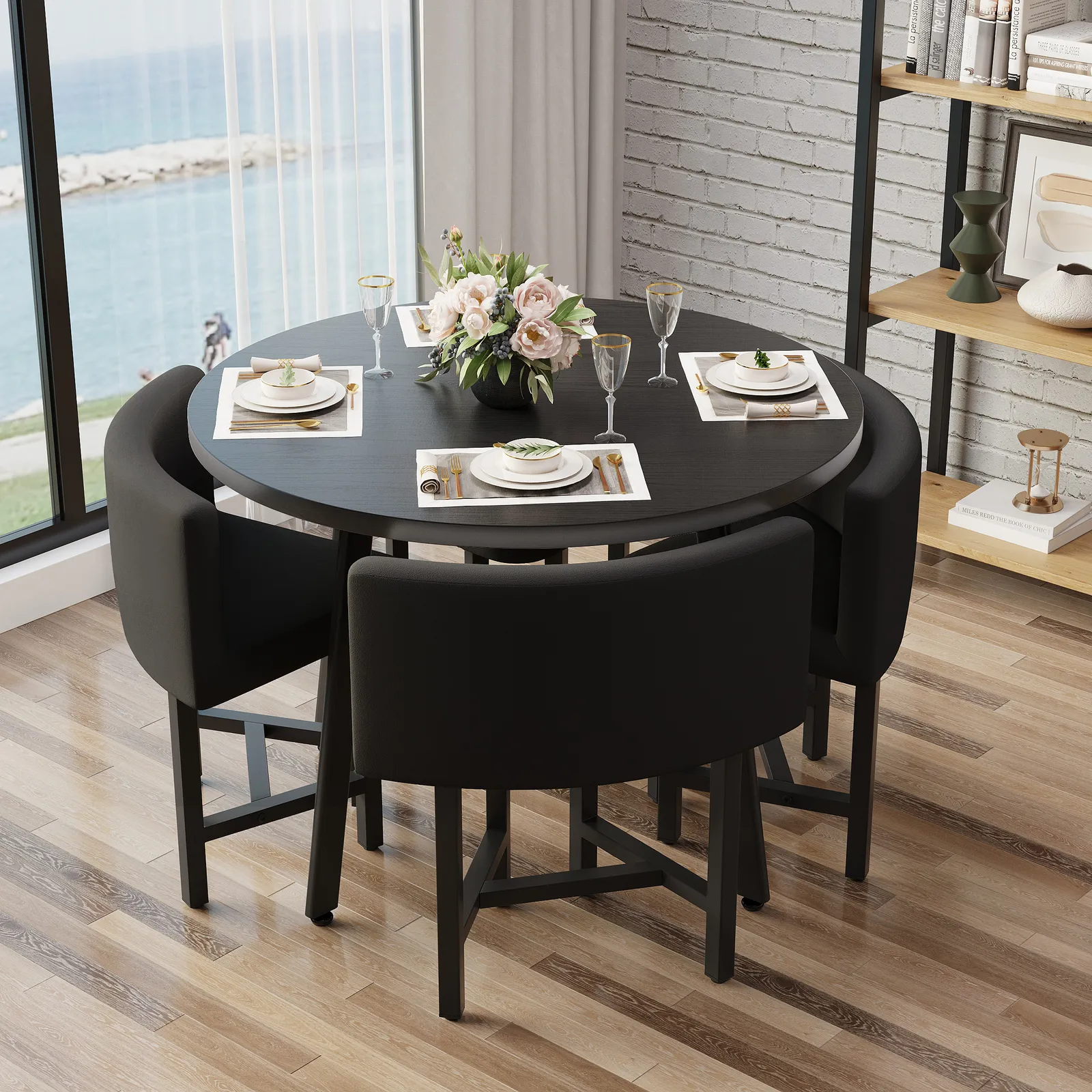 100 cm Round Black Small Nesting Dining Table Set for 4 Black Upholstered Chairs
