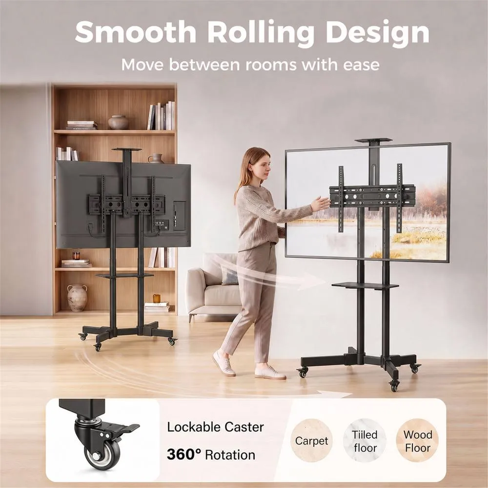 HOMCOM Mobile TV Stand on Wheels for 32-75 Inch Screens, Height Adjustable in Black 6