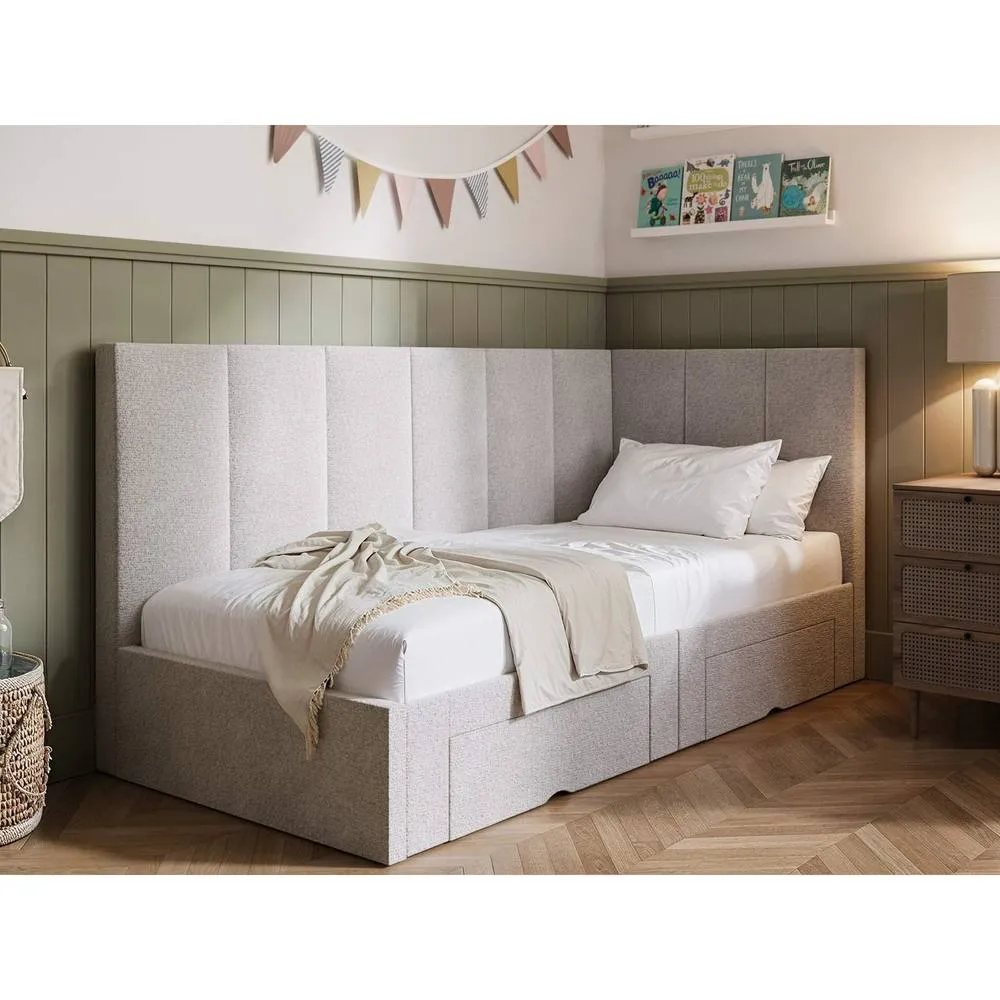Flair Harley Corner Fabric Bed Frame with Storage Drawers in Beige 1