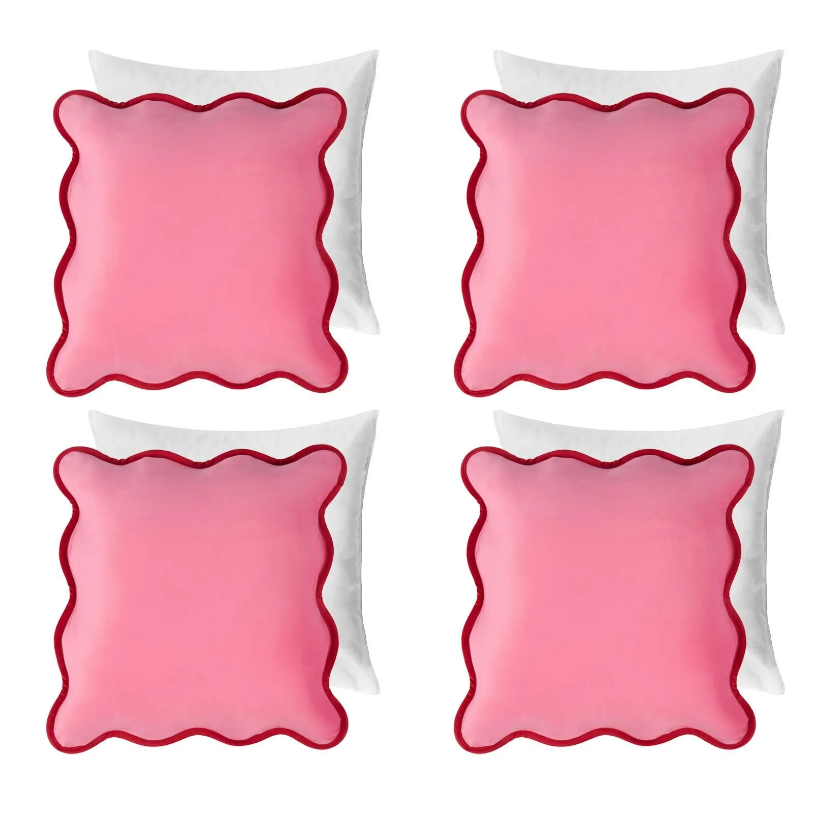 OHS 4 Pack Matte Velvet Scallop Edge Filled Cushion Covers Home Decor Set in Pink