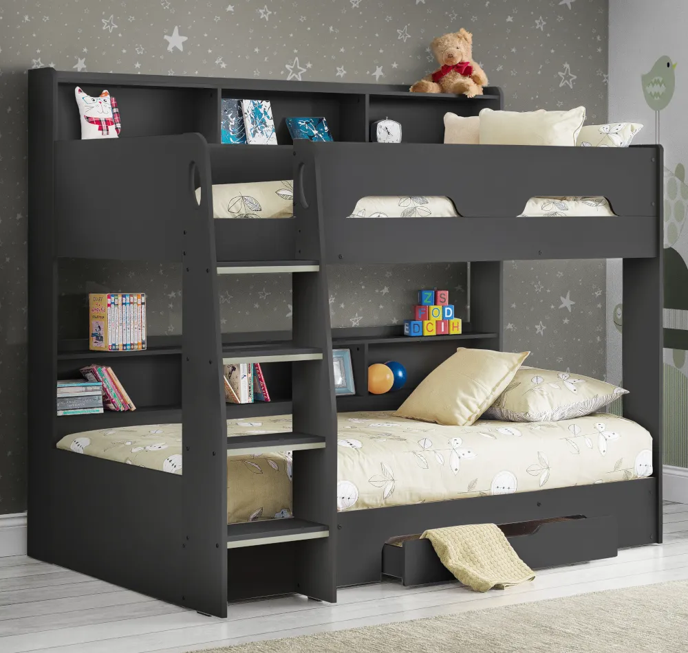 Orion - Single - Kids Bunk Bed - Storage - Dark Grey - Wooden - 3ft - Happy Beds 1