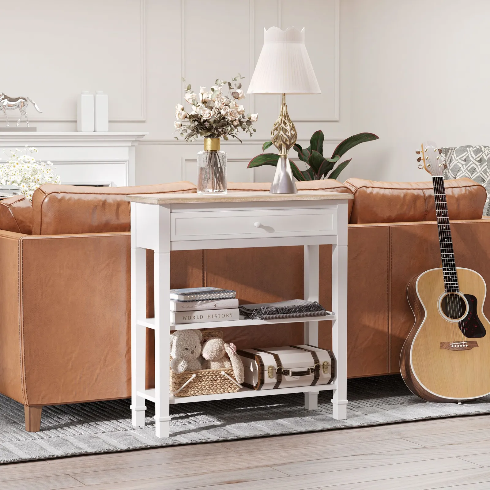 HOMCOM White Console Table Hallway Side Desk with Drawer 2 Shelves Worktop