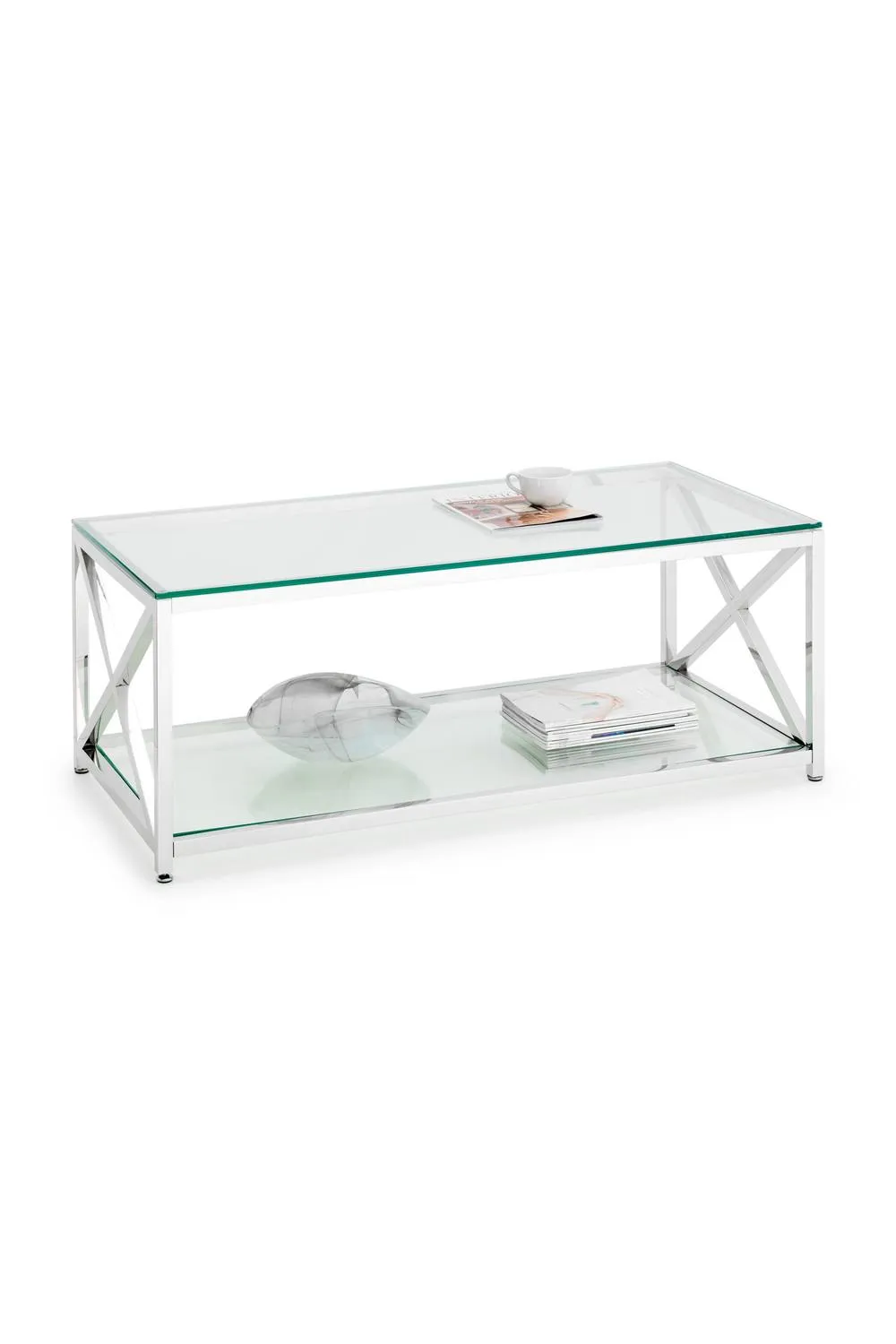 Julian Bowen Miami Glass Top Cross Frame Coffee Table with Shelf in Silver 3