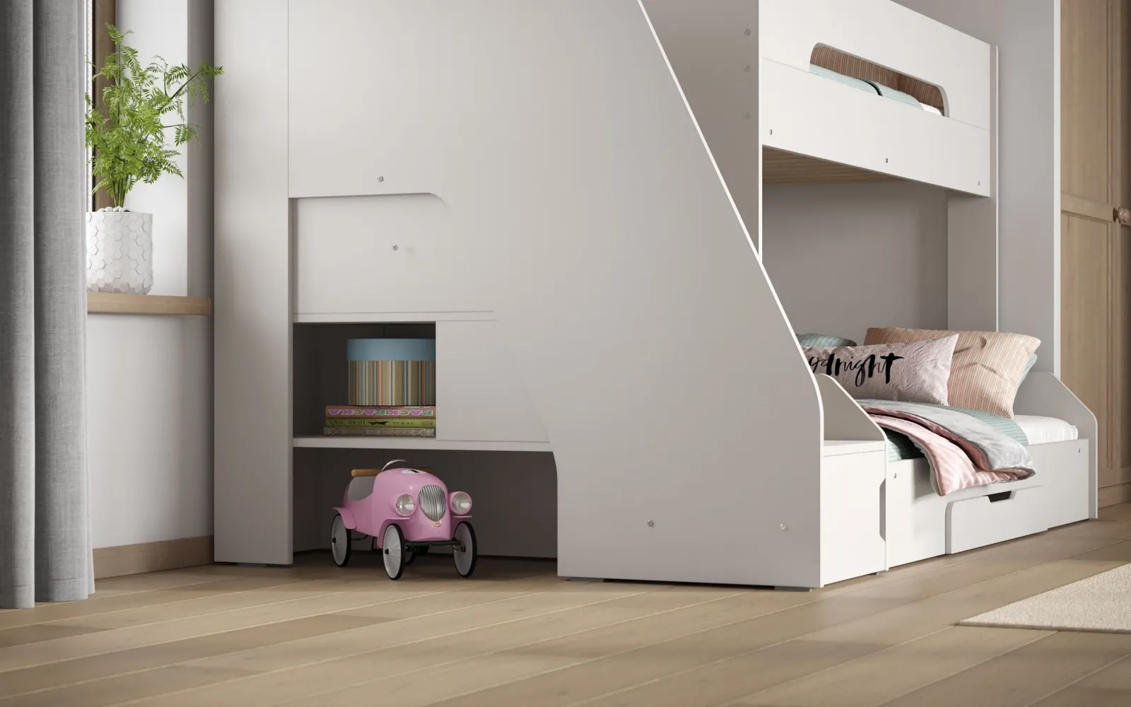 Flair Slick Staircase Triple Bunk Bed with Storage in White 3