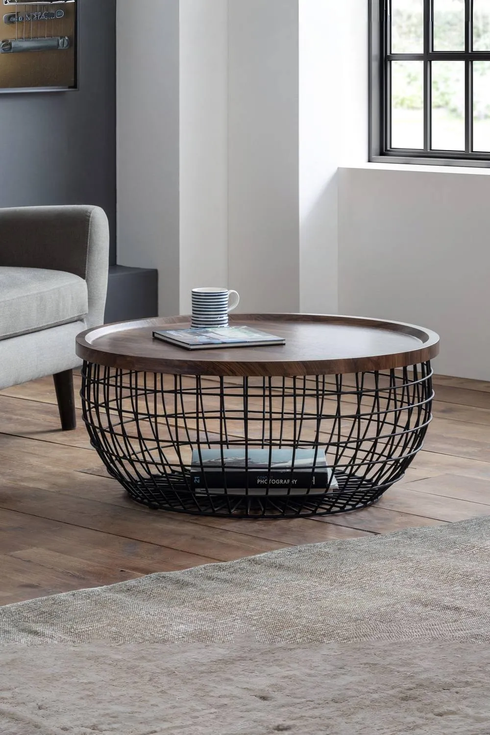 Julian Bowen Smithson Round Wire Basket Base Coffee Table in Walnut