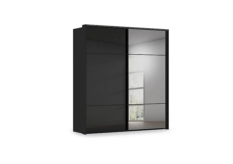 Haven 210cm 2 Door Slider Wardrobe with 1 Glass Door, 1 Mirror Door and Lights - Black Glass
