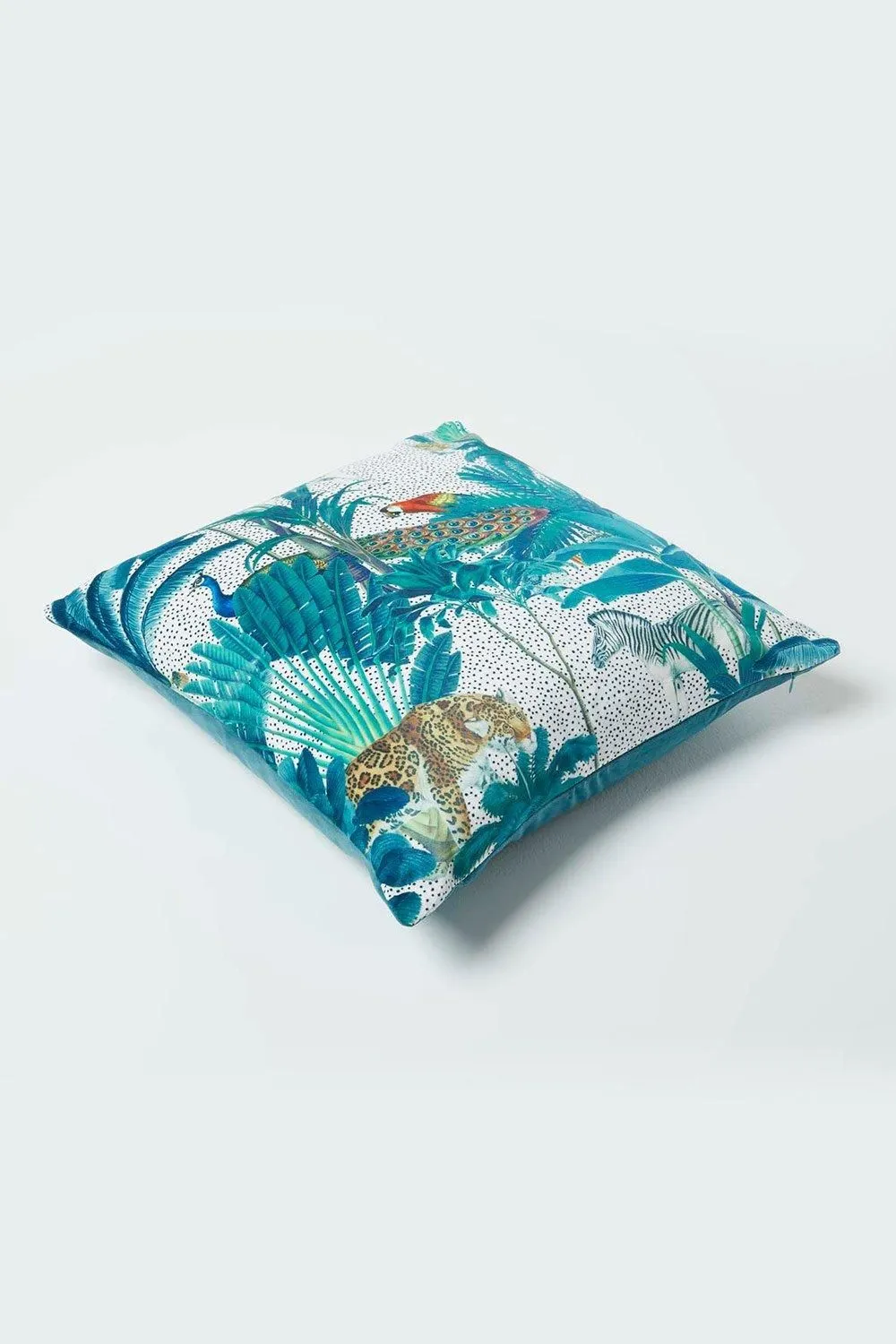Homescapes Teal Jungle & Parrot Velvet Cushion 46 x 46 cm 5