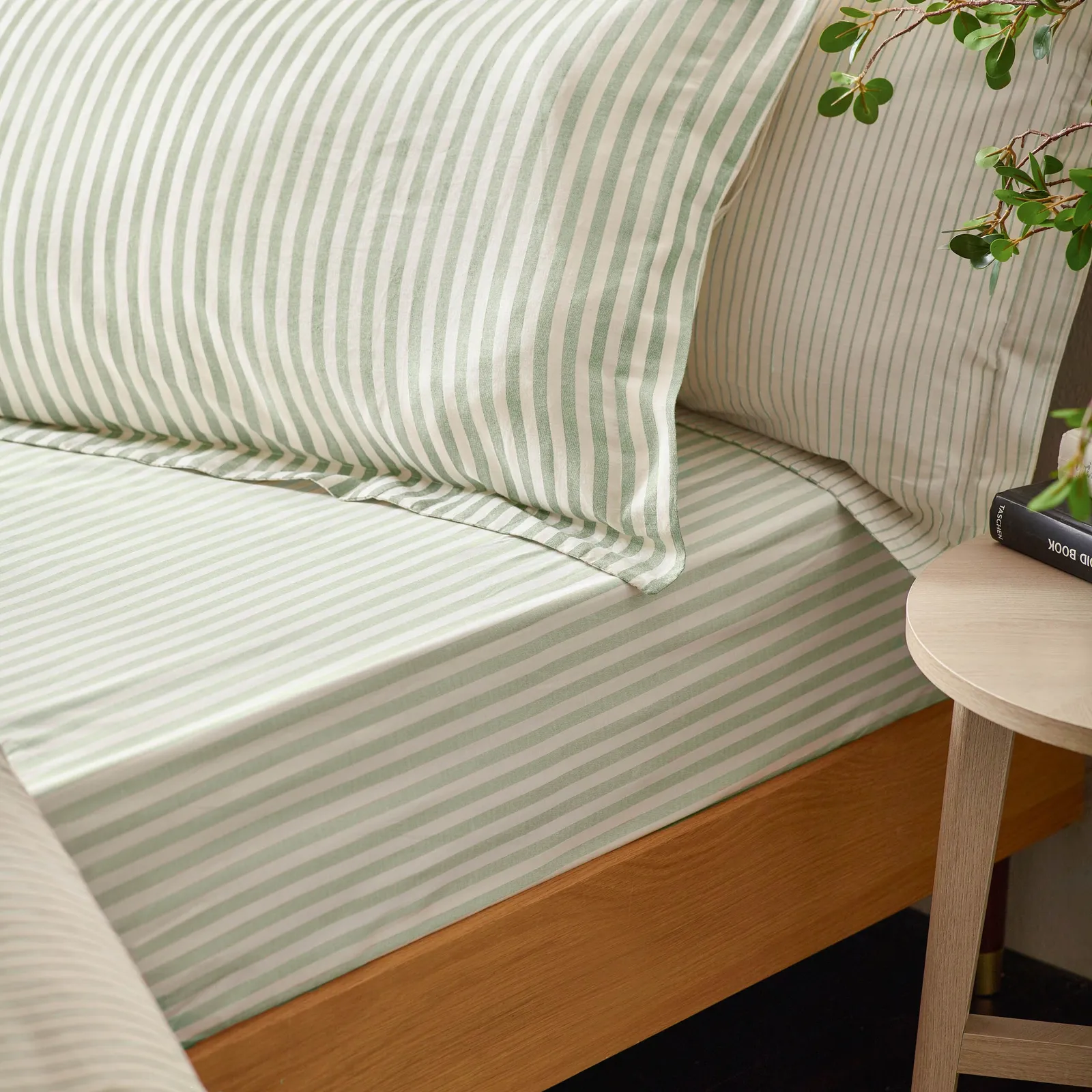 Yard Hebden Striped 100% Cotton Fitted Sheet in Pale Green 1