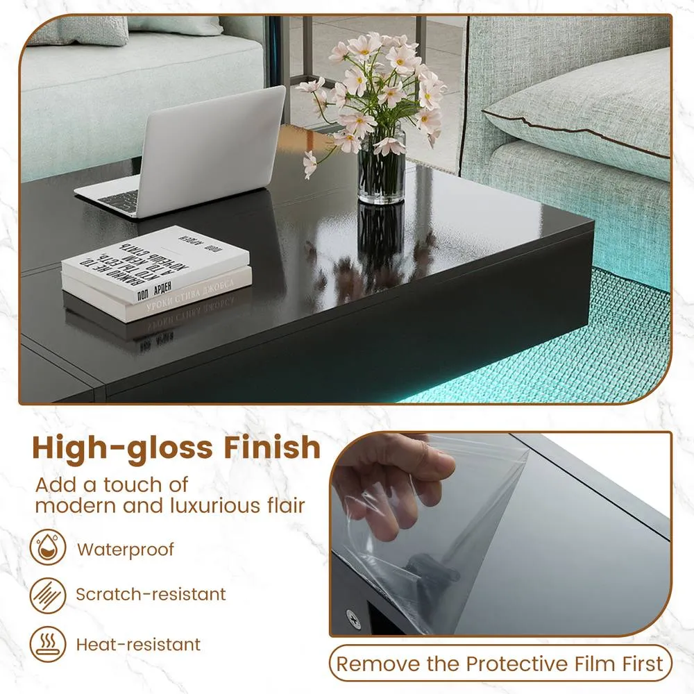 Costway Modern LED Coffee Table High-Gloss Accent Table with 3 Storage Drawers in Black 6