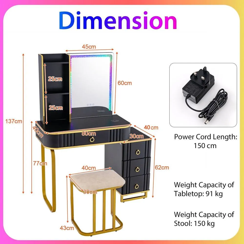 Costway Dressing Table & Stool Set w/Mirror RGB Lights & Charging Station in Black 2