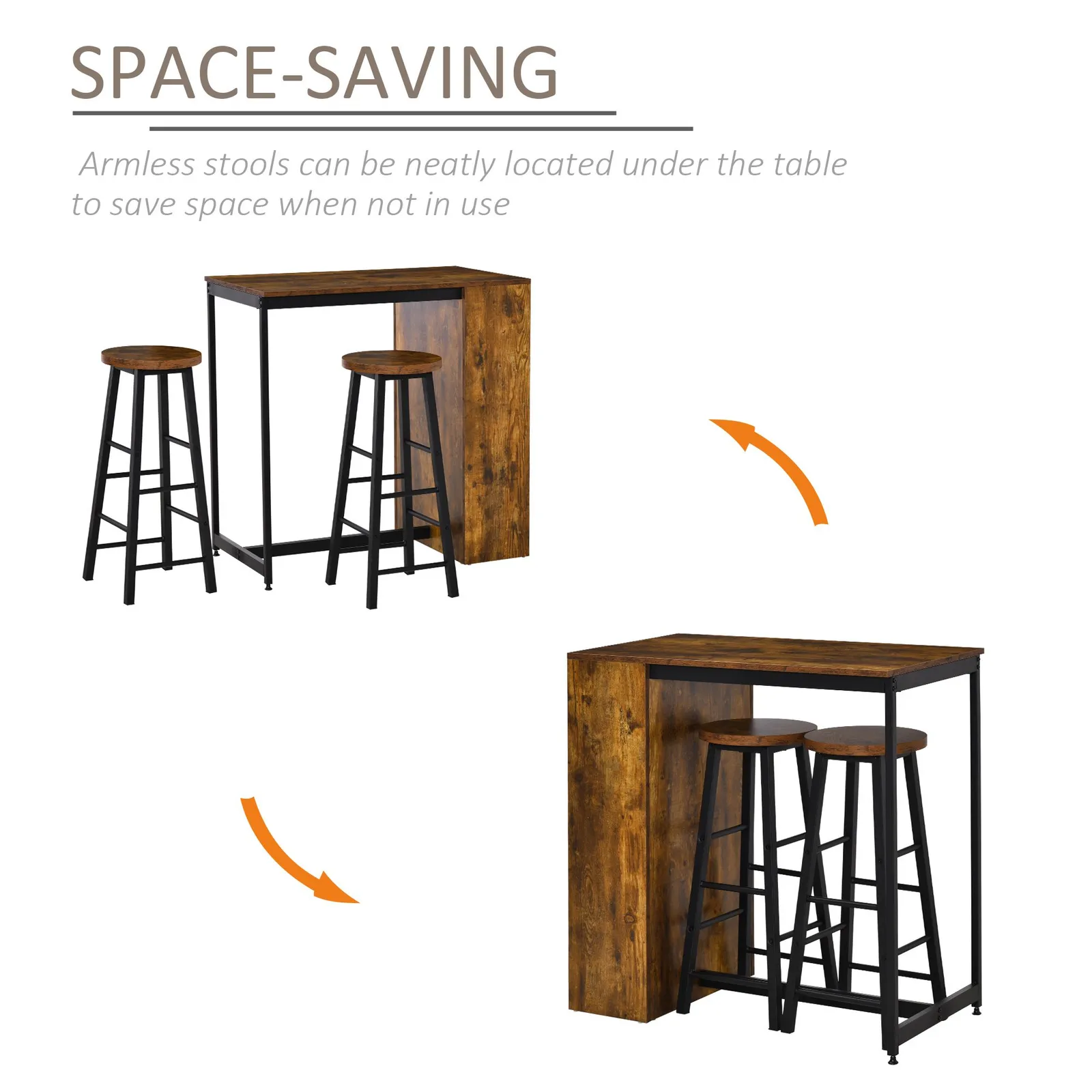 HOMCOM 3 Pieces Bar Table Set Pub Dining Table with Storage Shelf 2 Stools in Dark Brown 4