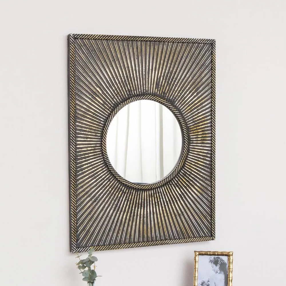 Melody Maison Distressed Black Rectangular Wooden Sunburst Wall Mirror - 60cm X 80cm