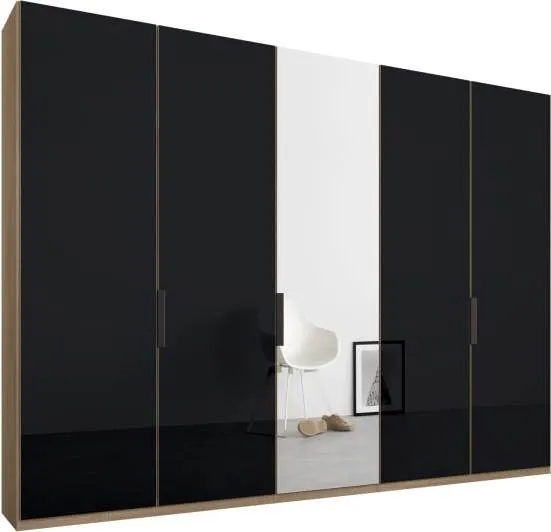 Caren 5 door  250cm Hinged Wardrobe, Oak Frame, Basalt Grey Glass & Mirror Doors, Premium Interior