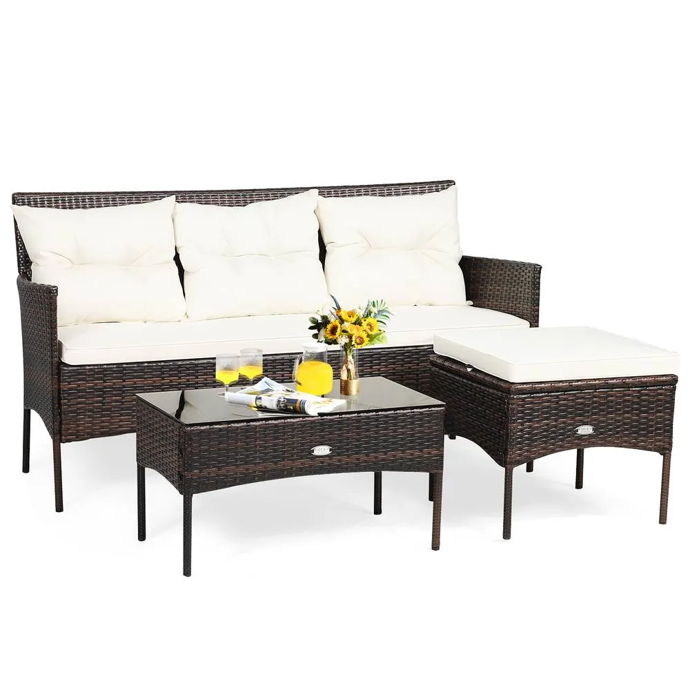 Costway 3PCS Patio Conversation Set Rattan Wicker Furniture Set w/ Cushions in White 3