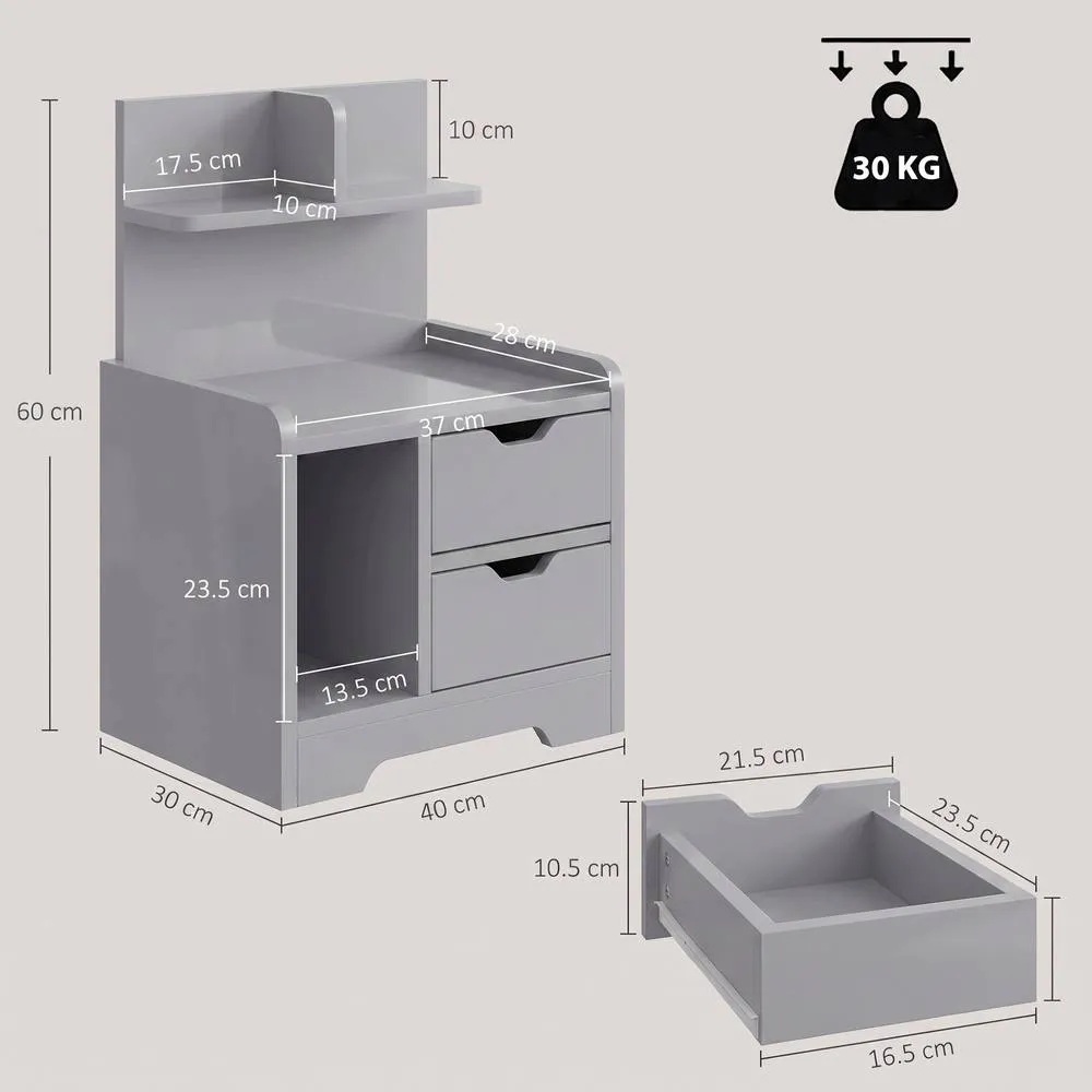 HOMCOM Modern Bedside Table with 2 Drawers & Open Shelves for Bedroom in Grey 3
