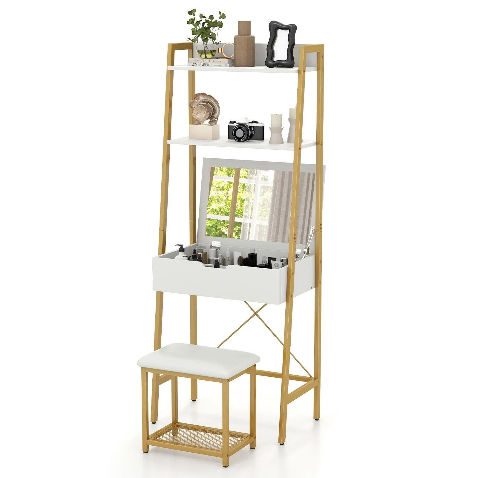 Costway 3 IN 1 Vanity Dressing Table Set Book Storage Shelf Ladder Desk Cushioned Stool in Natural