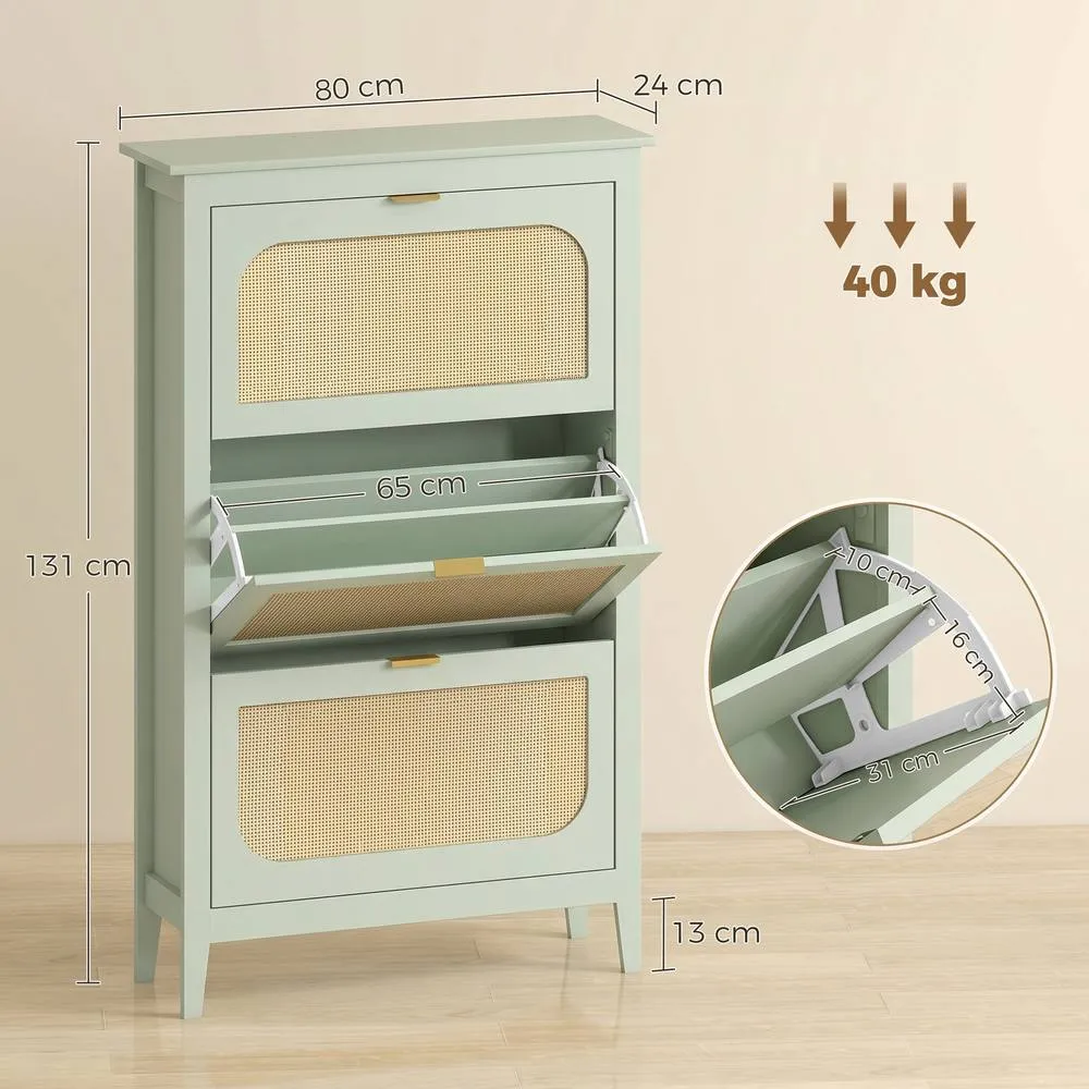HOMCOM Boho Slim Shoe Cabinet with Rattan Doors, Holds 21 Pairs, Green in Light Green 3