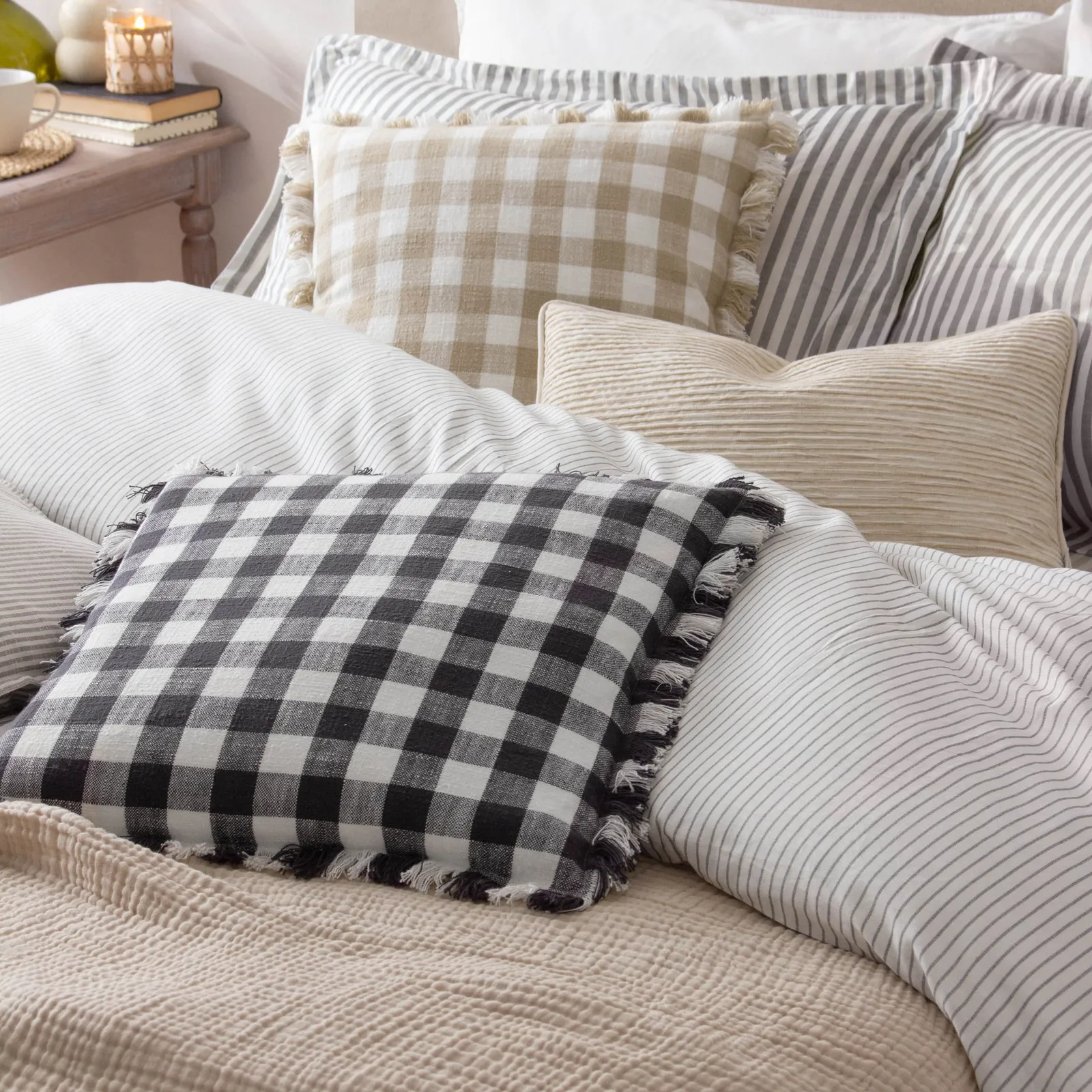 Yard Barton Check Fringed 100% Cotton Cushion in Black 5