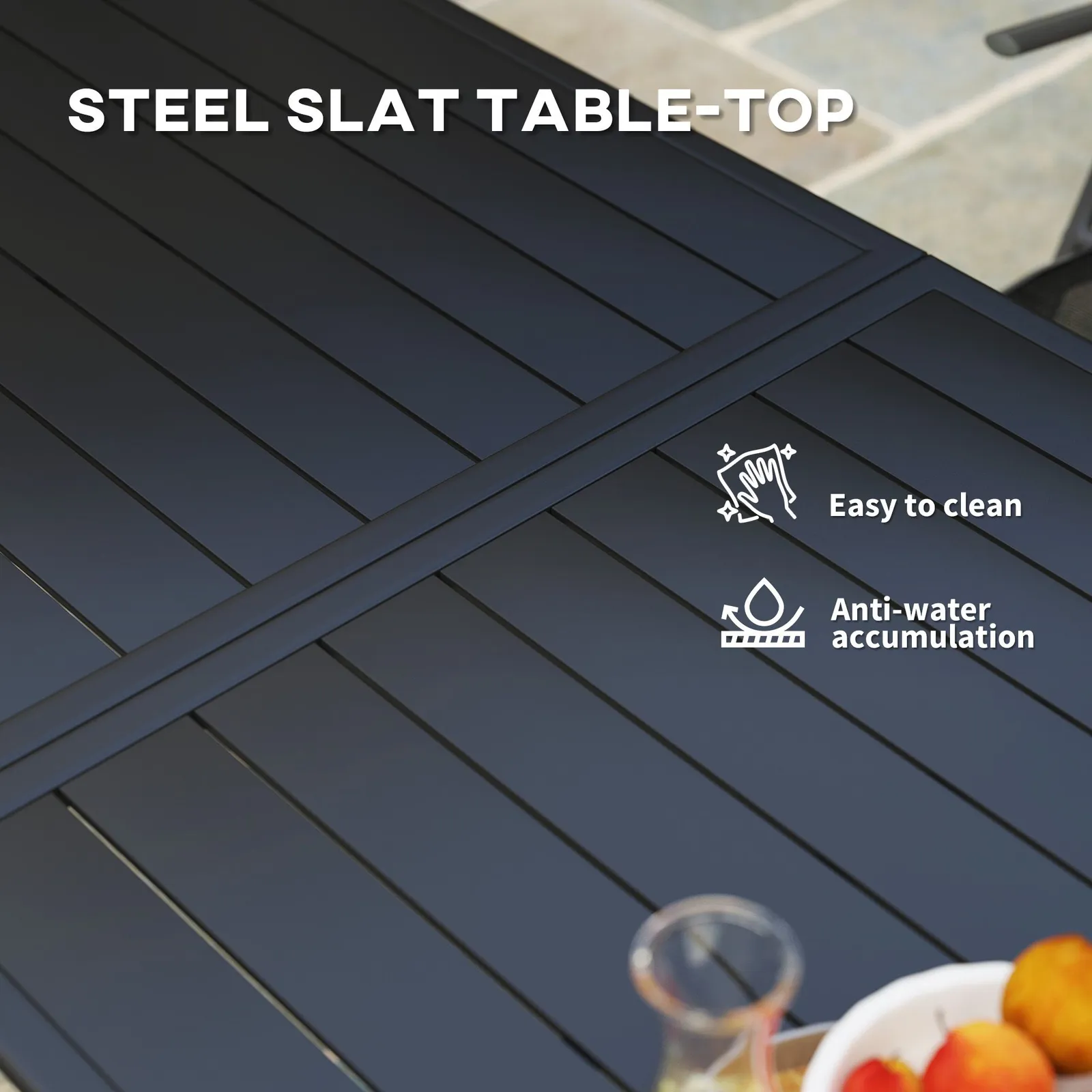 OUTSUNNY Garden Table for 6 Person with Slat Top, Steel Frame, Black 5