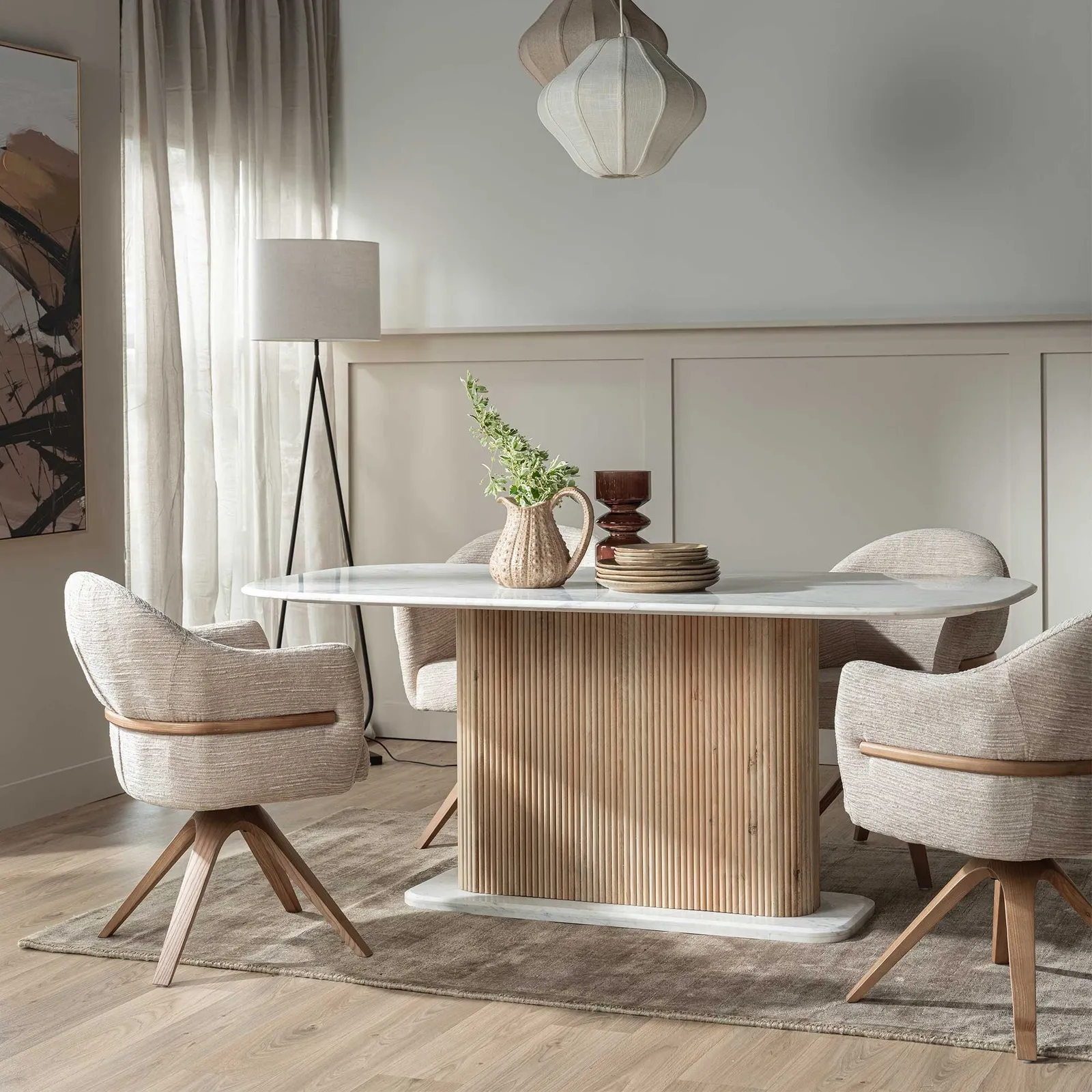 Fitzgerald Swivel Dining Chair With Arms, Neutral Fabric | Barker & Stonehouse 3