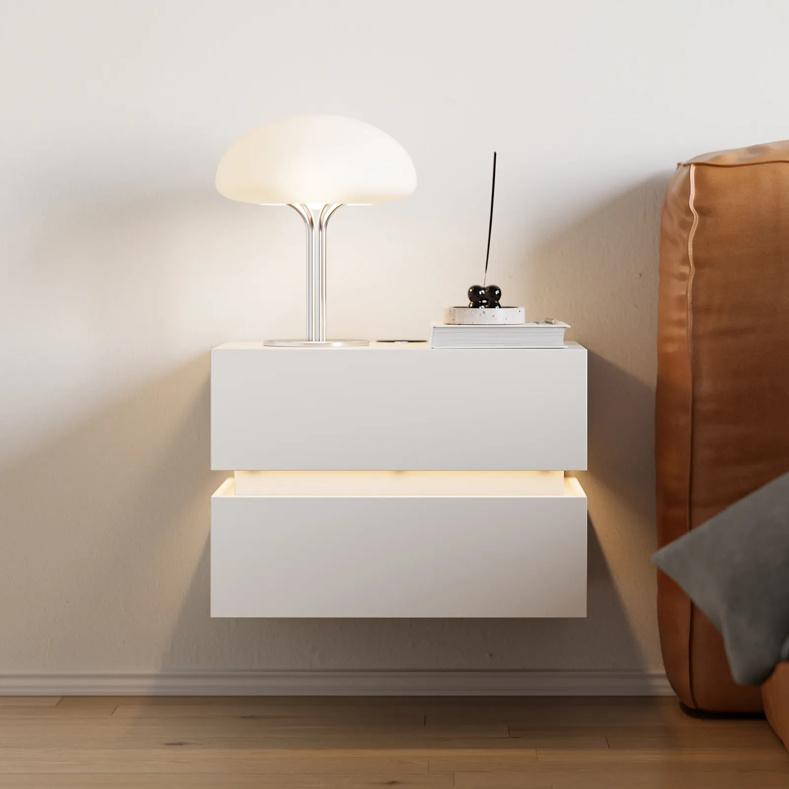 Floating Smart LED Bedside Table Wireless Charging Station Bedside Table with Light White
