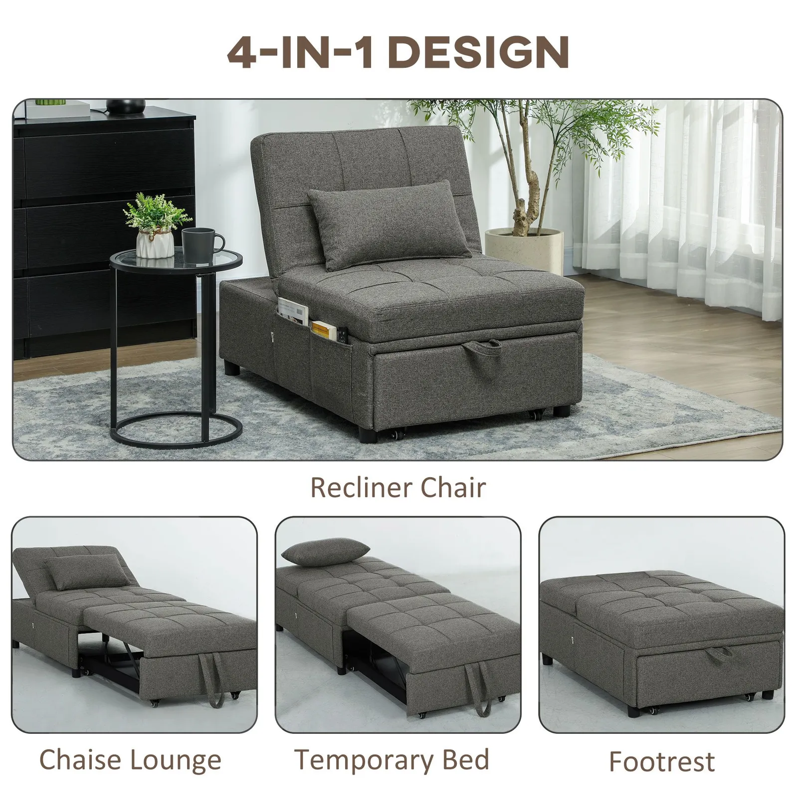 HOMCOM 4-in-1 Pull Out Sleeper Chair Bed with Pockets in Dark Grey 6