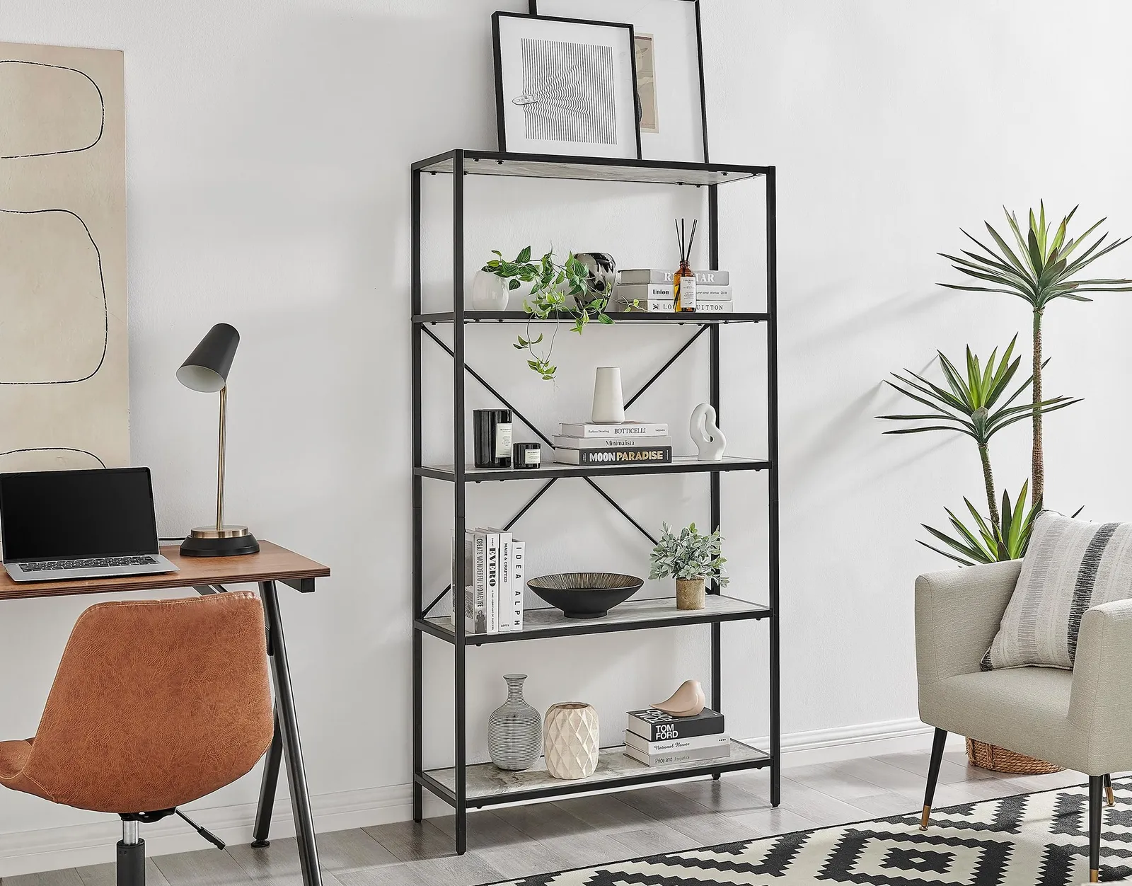 FurnitureboxUK Ashton Industrial Black Metal Box Shelf Unit With 5 Scratch Resistant Melamine Coated Shelves Supporting 10KG Each in Off-White 2