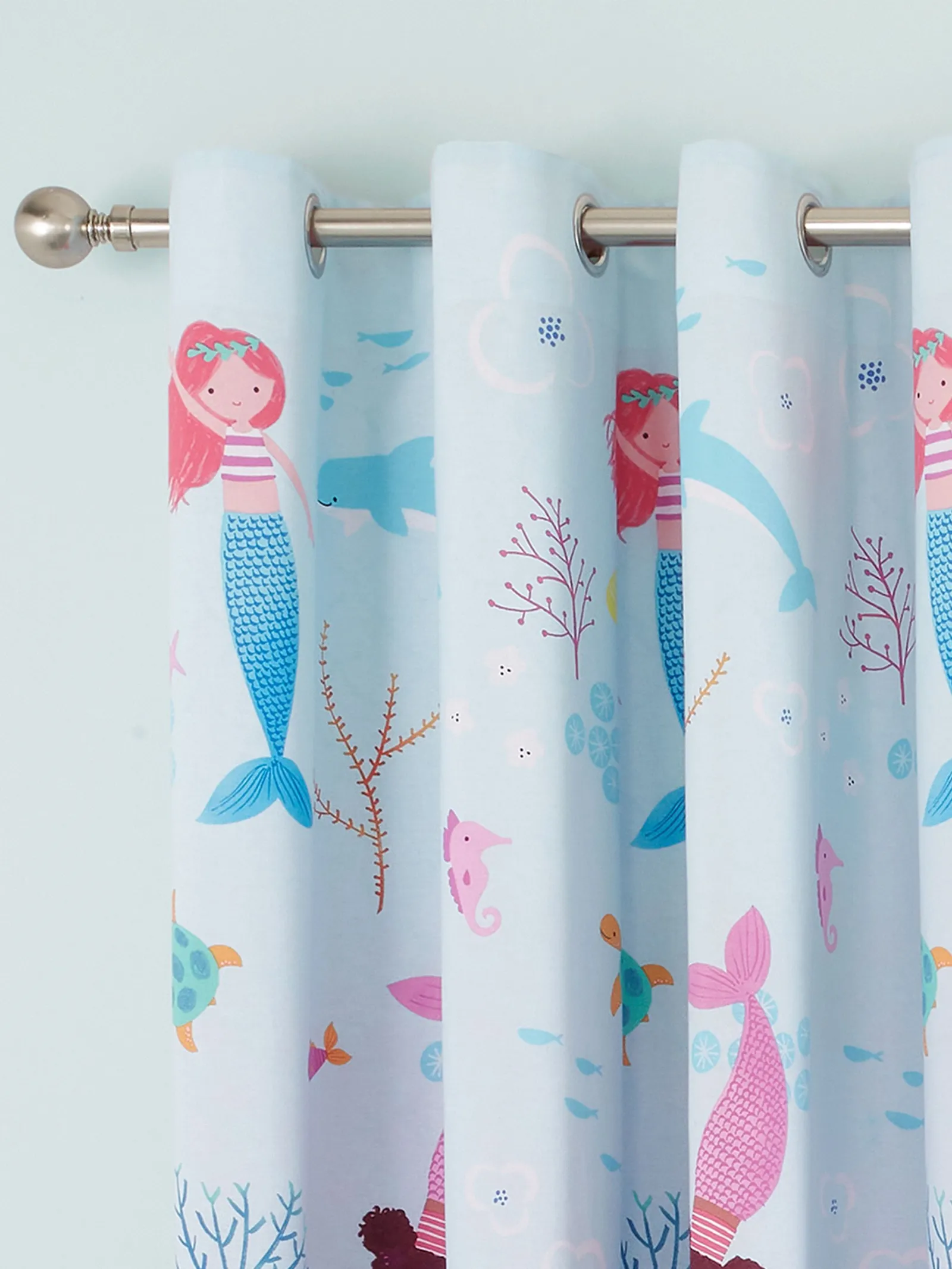 Catherine Lansfield 'Mermaid' Reversible Lined Eyelet Curtains Two Panels in Blue 3