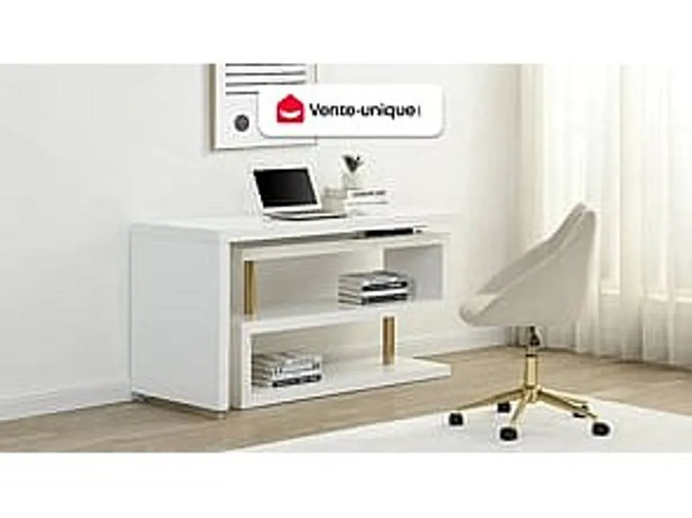 Vente-unique Extendable Desk With 360° Swivel Top - Lacquered MDF - White & Gold 4