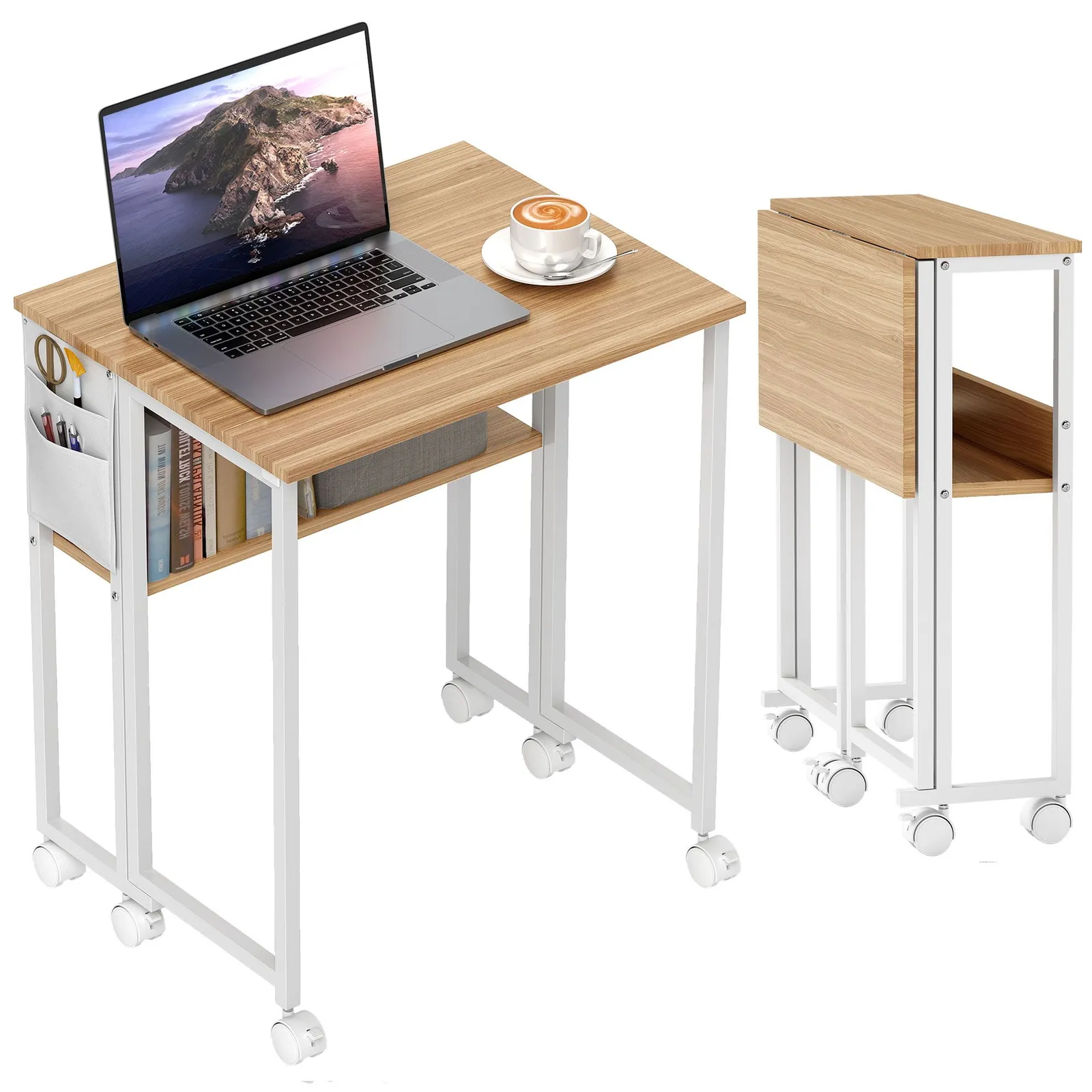 HOMCOM 63 cm Foldable Computer Desk on Wheels for Small Spaces Natural 2