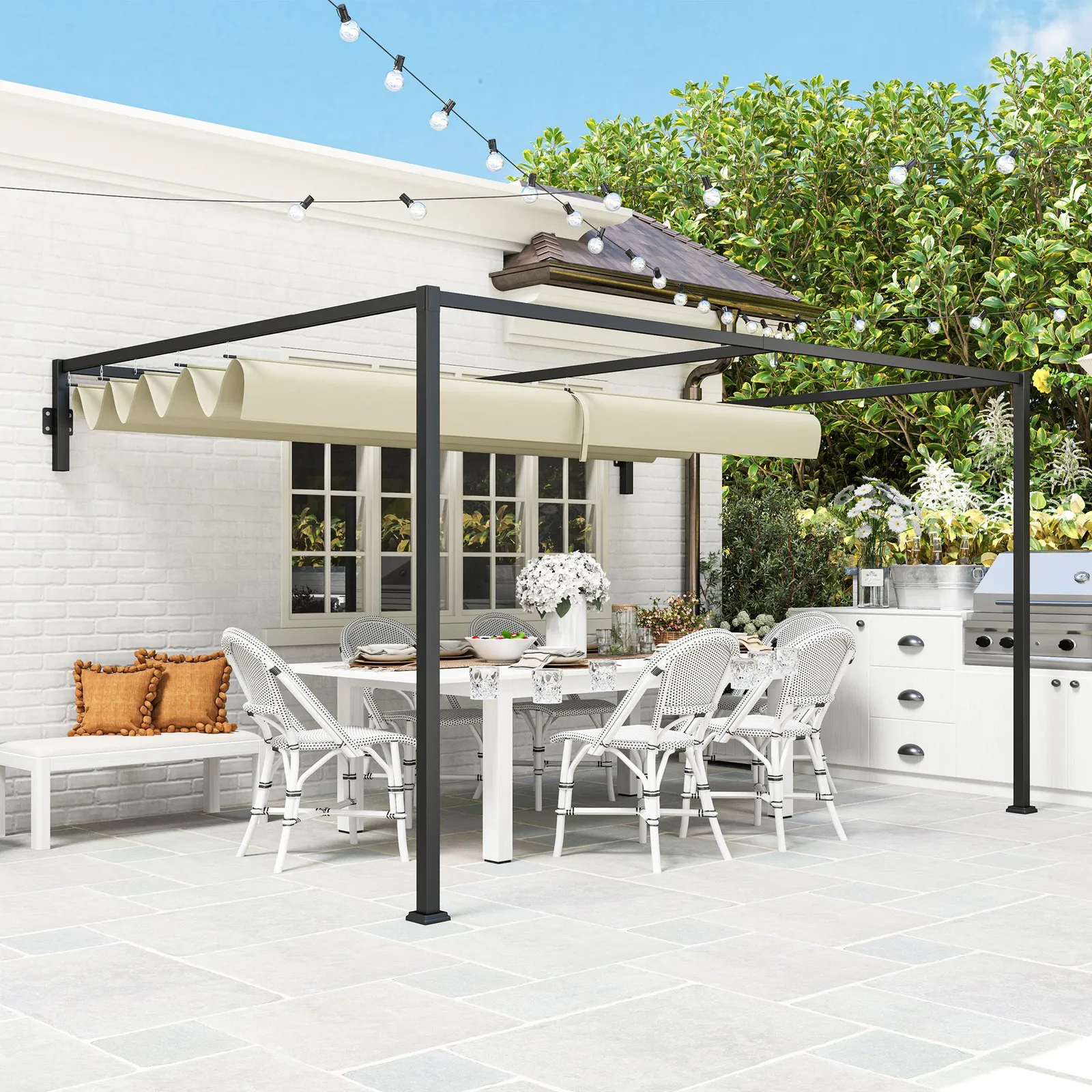 OUTSUNNY 3 x 4m Wall Mounted Pergola with Retractable Roof, Khaki