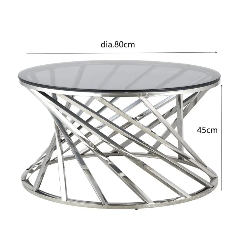 Comfy Living Ltd Round Geometric Design Metal Coffee Table With Tinted Glass Tempered Top in Silver 2