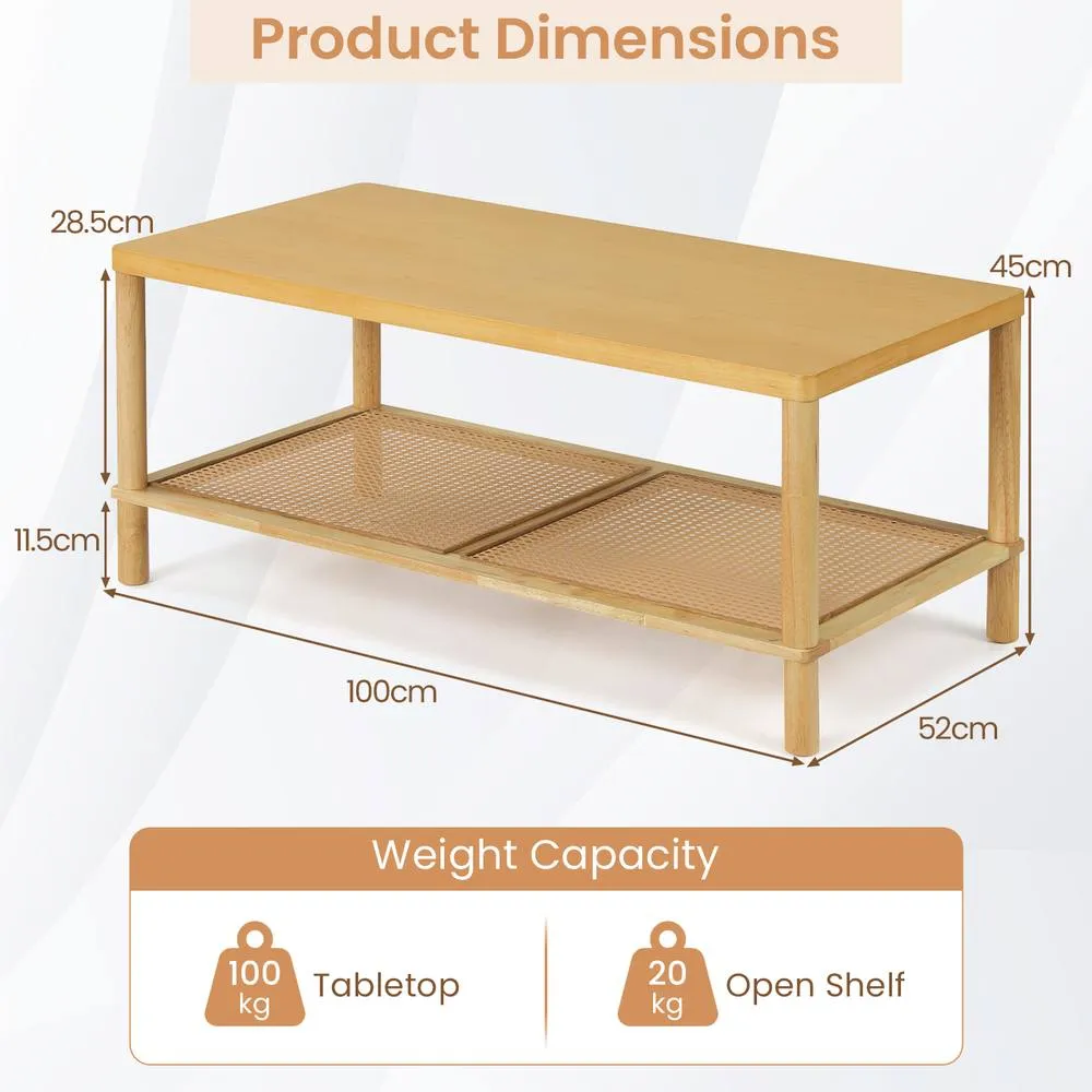 Costway Boho Coffee Table for Living Room Rubber Wood Rectangular Center Table in Natural 2