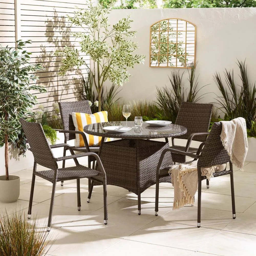 FurnitureboxUK Antigua Rattan 4 Seat Round Table Garden Dining Set in Brown