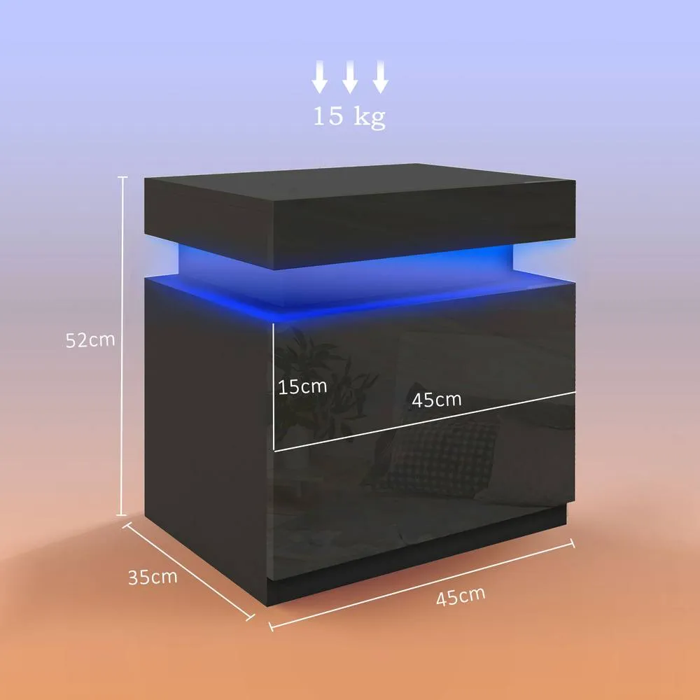 HOMCOM High Gloss Bedside Table Set of 2 with LED Light & 2 Drawers, Black 3