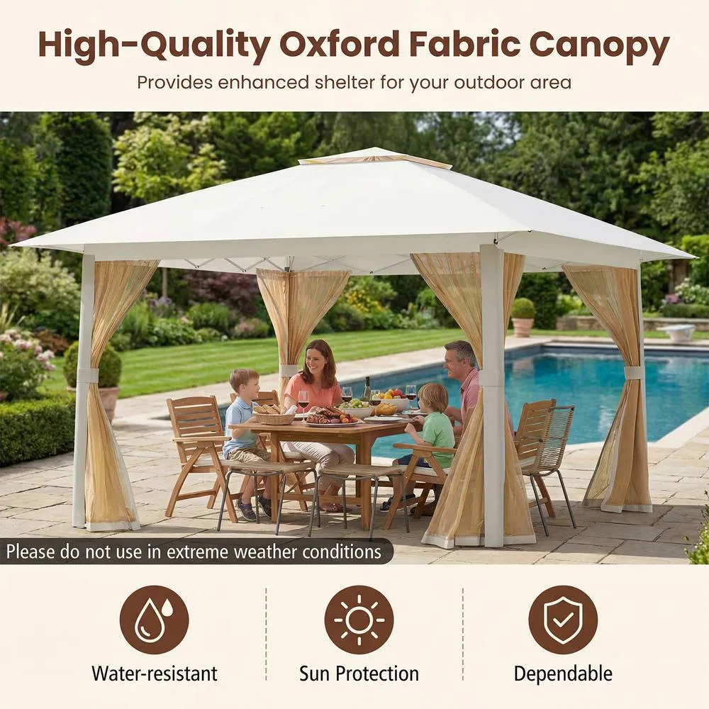 Costway Pop Up Gazebo Foldable Canopy Tent w/Mesh Netting & Double Roof in Beige 6